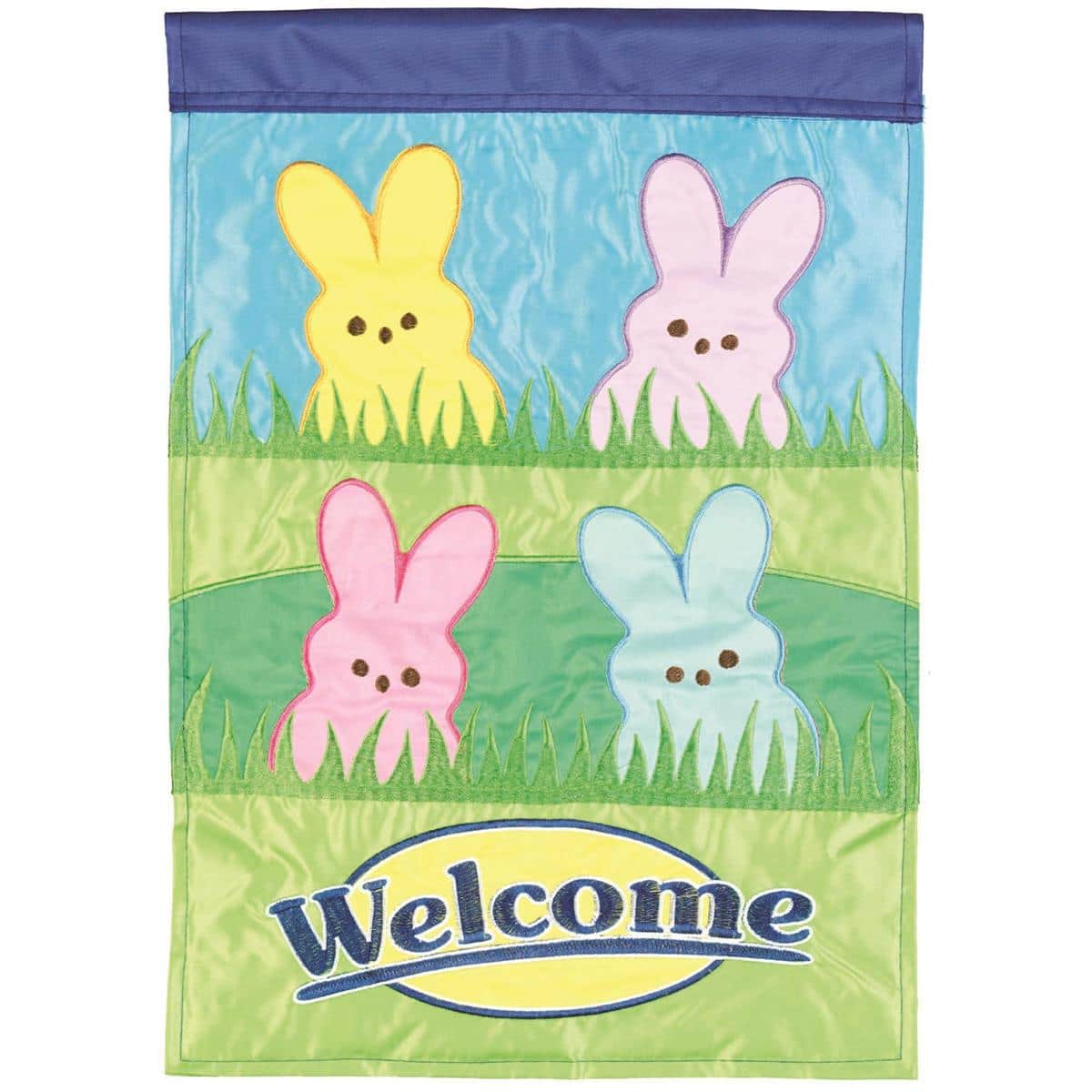 13x18 Welcome Bunnies double applique garden flag with cheerful Easter rabbits and pastel florals displayed on a yard flagpole for spring decor