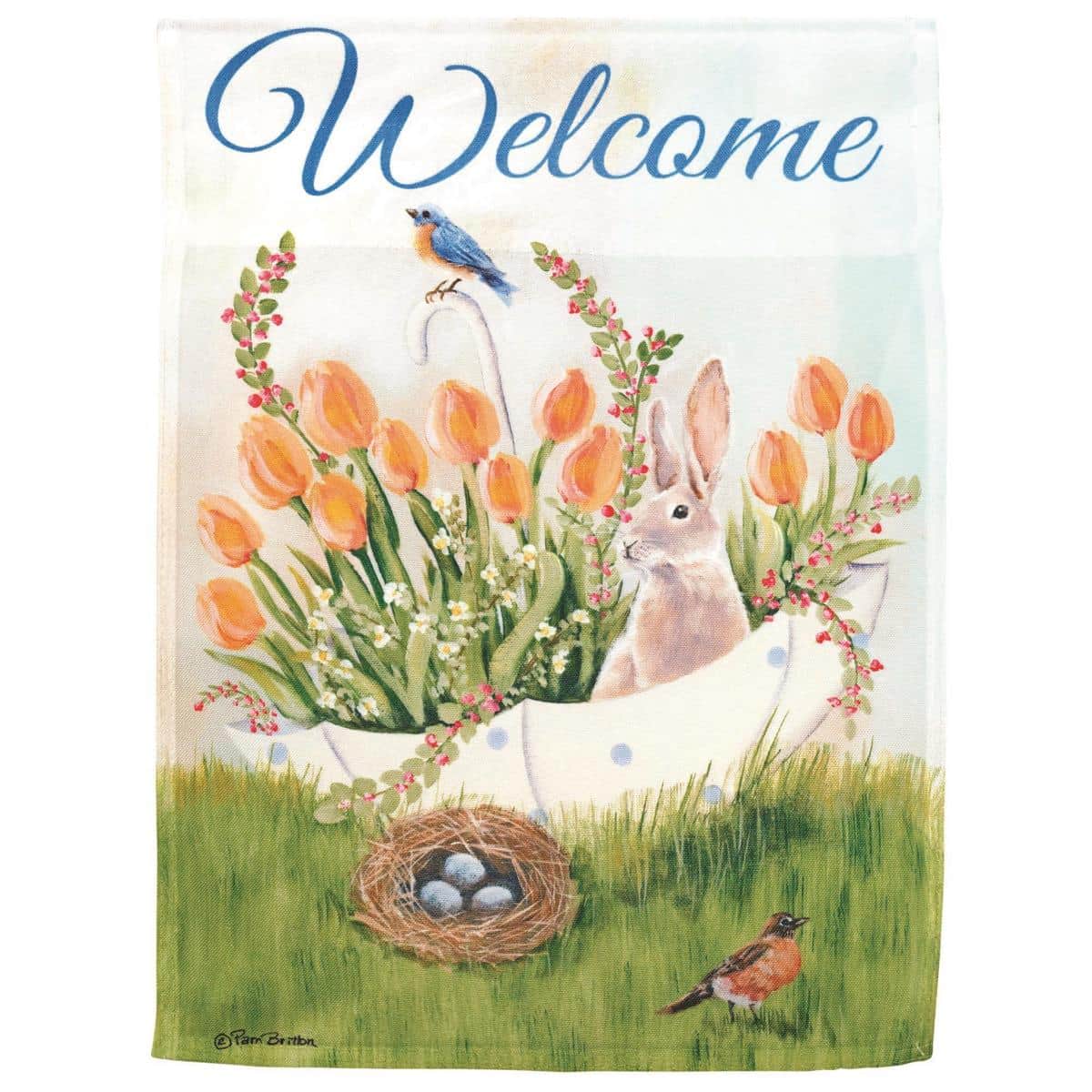 Alt text: 13x18 Welcome Bunny With Tulips printed garden flag hanging from a metal flagpole among spring tulips on a front porch.