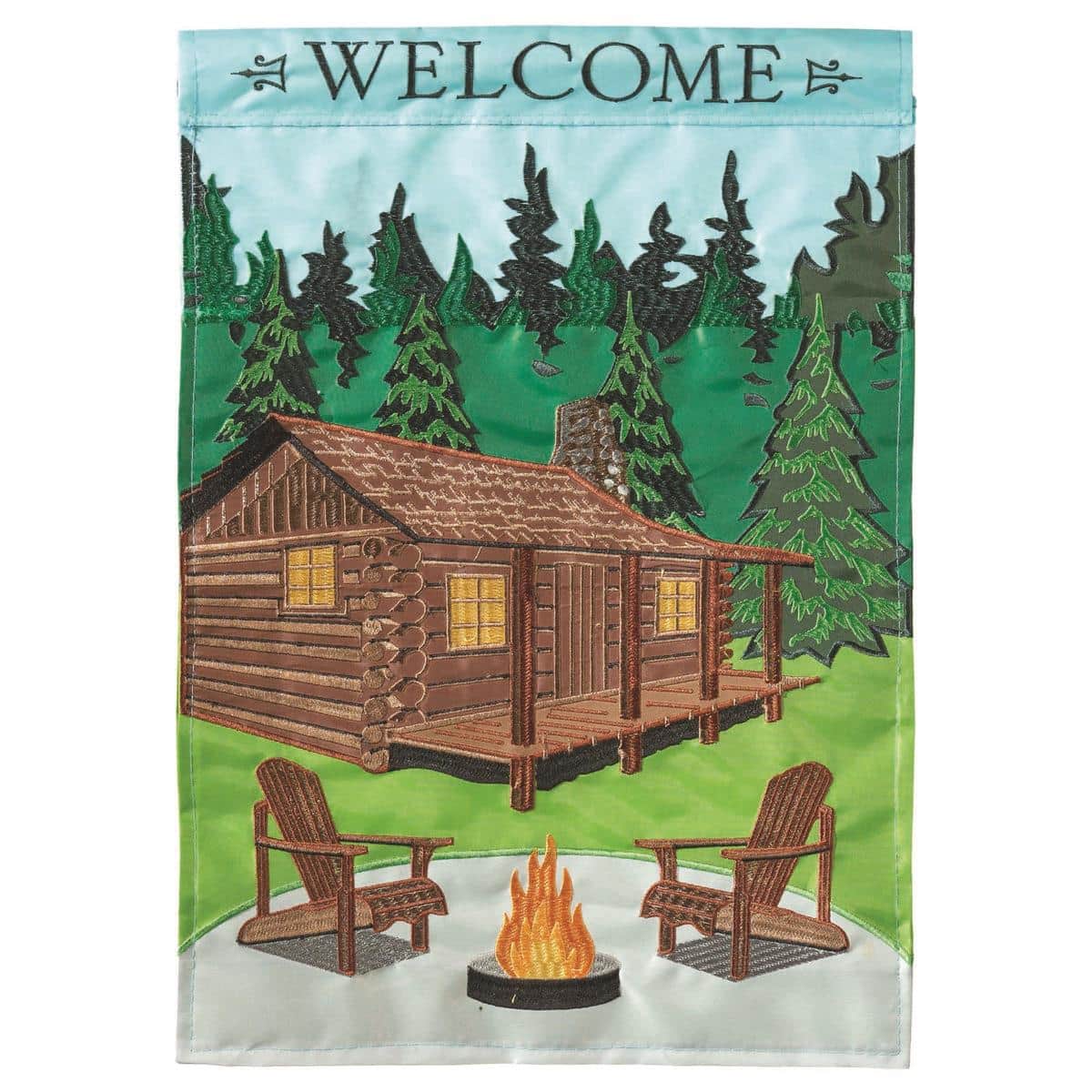 Rustic 13x18 Welcome Cabin garden flag in double applique style showing a cozy cabin, pine trees and lantern accents on durable polyester ready for porch or yard display.
