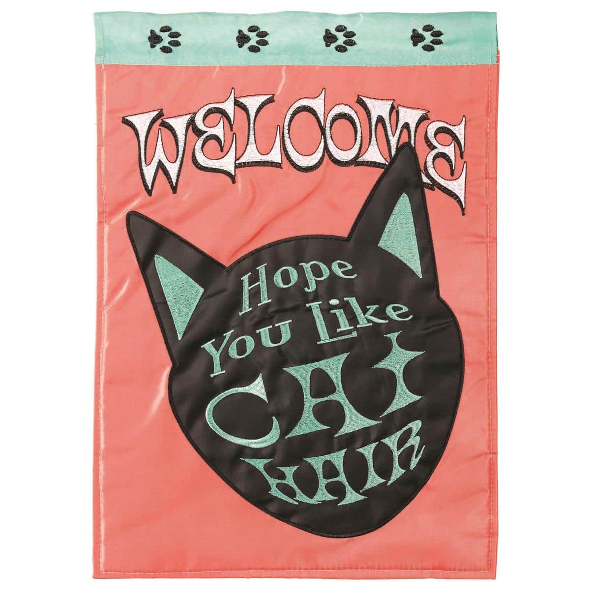 13x18 Welcome Cat Hair double applique garden flag with playful cat design and two sided message on a pole sleeve, displayed on a porch entry.