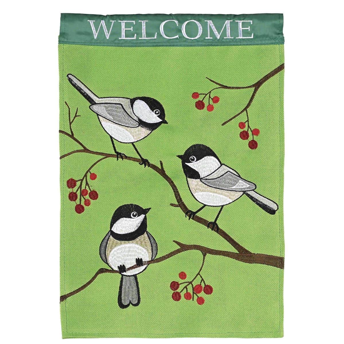 Alt text: Welcome Chickadee banner flag with layered double applique chickadee on branch, 'Welcome' text, colorful accents, and reinforced sleeve for 29 by 42 inch outdoor display.