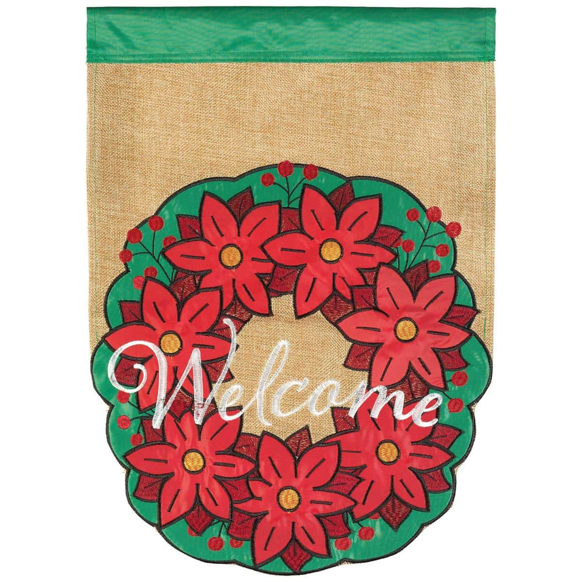Welcome Christmas wreath banner flag 29x42 double applique showing layered wreath with bow and bold 'Welcome' lettering on a neutral background, designed for outdoor porch and front door holiday display.