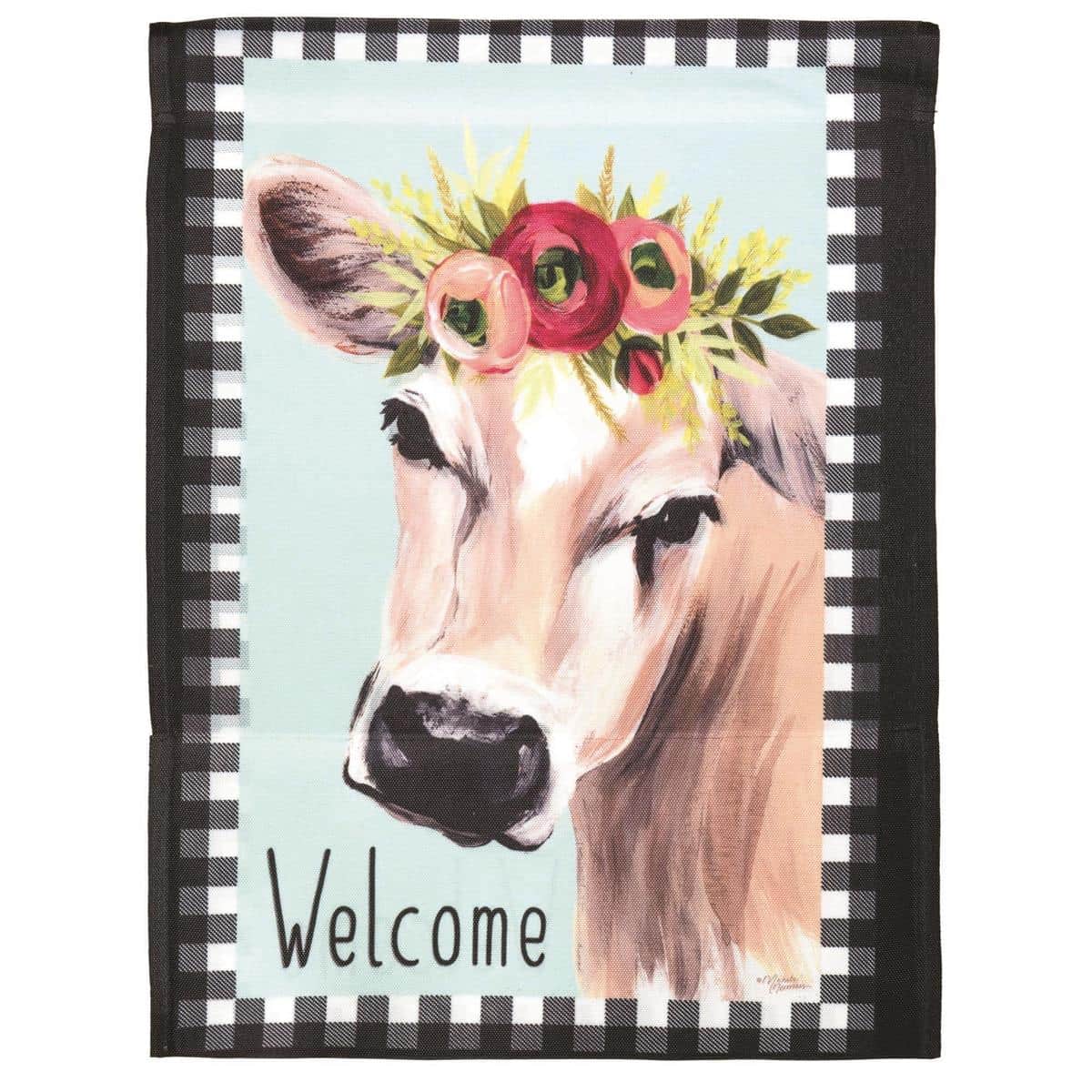 13x18 Welcome Cow Floral printed garden flag featuring a cheerful cow and bright flowers, shown on a rustic porch post to illustrate size and placement for outdoor decor.