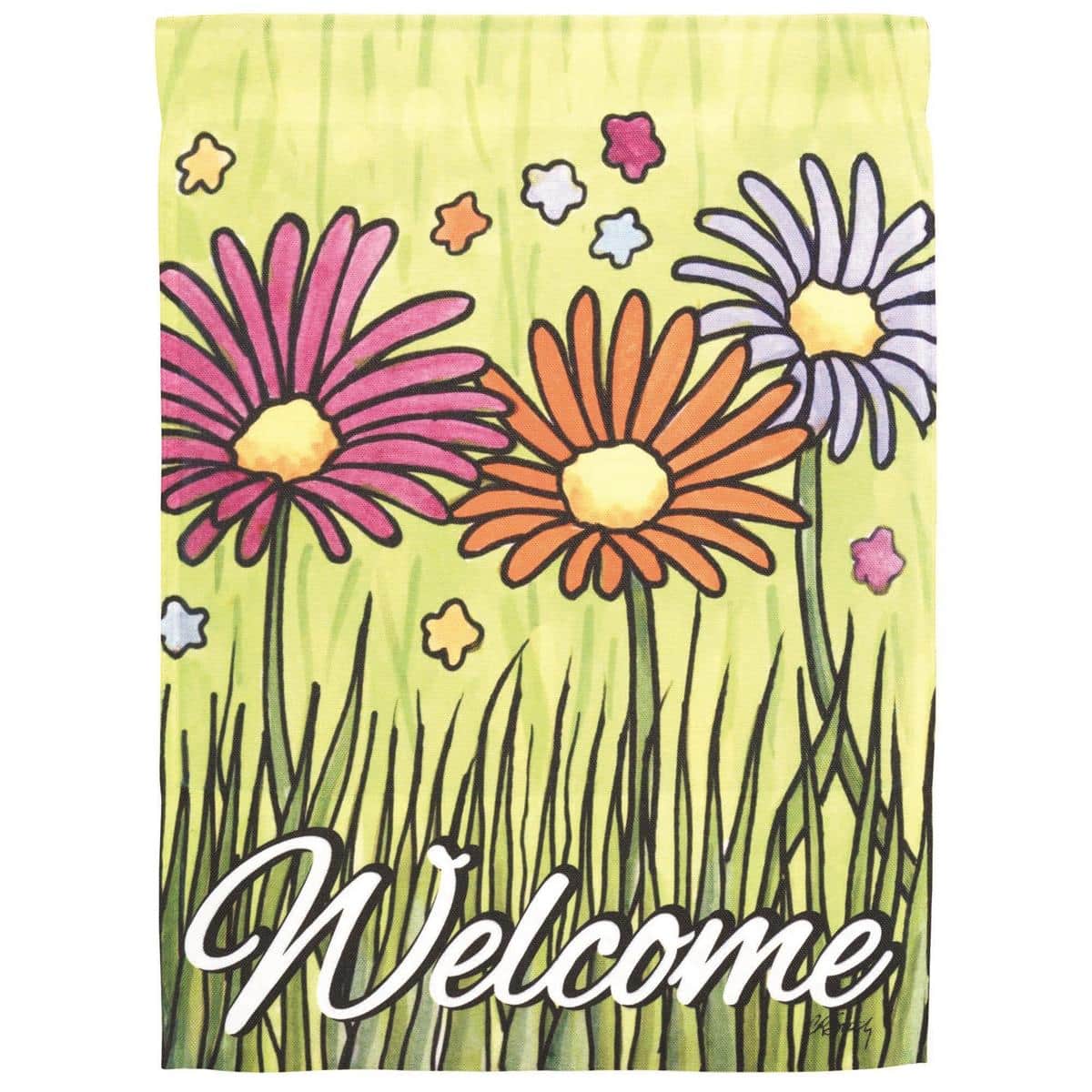 Welcome Daisies 30x44 printed banner flag with bright yellow-centered white daisies and green foliage displayed on a porch flagpole, photographed close-up to show print detail and vibrant colors.