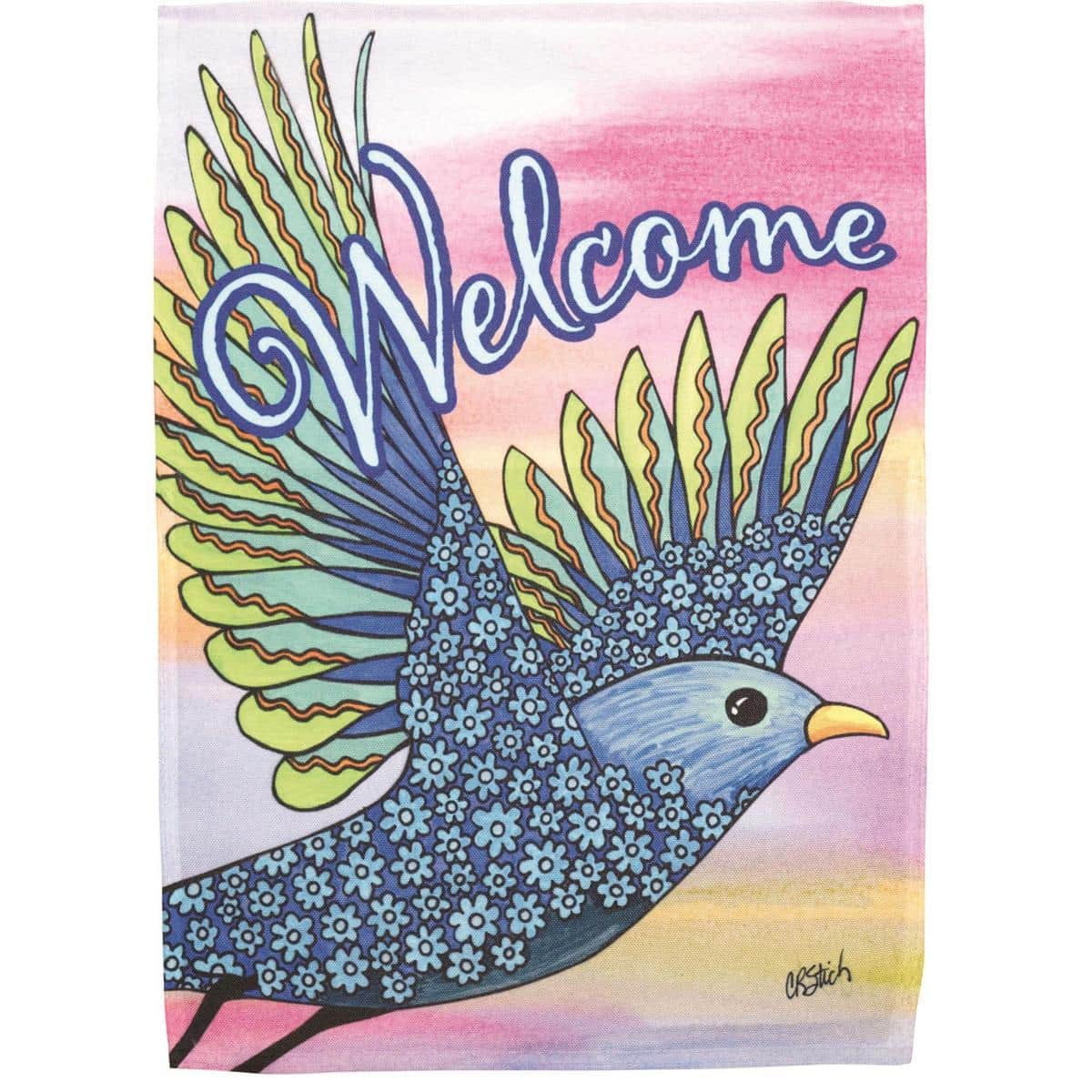 13x18 Welcome Daisy Bird garden flag with bright daisies and perched songbirds in a vibrant printed design centered around a friendly welcome message.