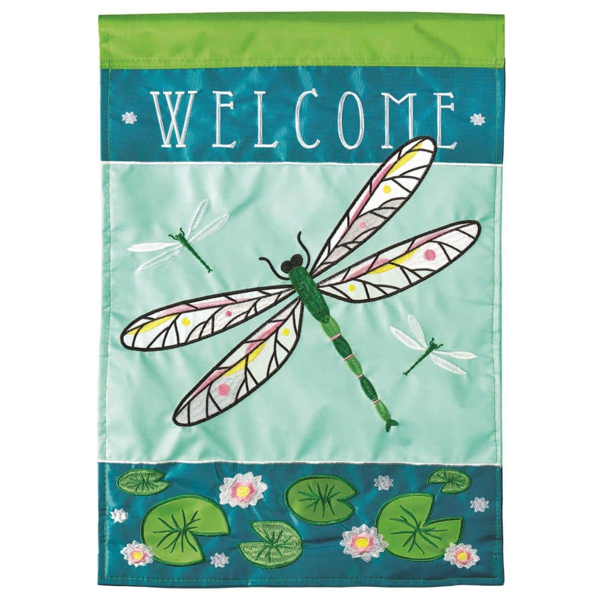 Close-up of Welcome Dragonfly 13x18 double applique garden flag showing detailed dragonfly wings, layered floral applique, reinforced sleeve, and textured weather-resistant fabric hung on a shepherd hook