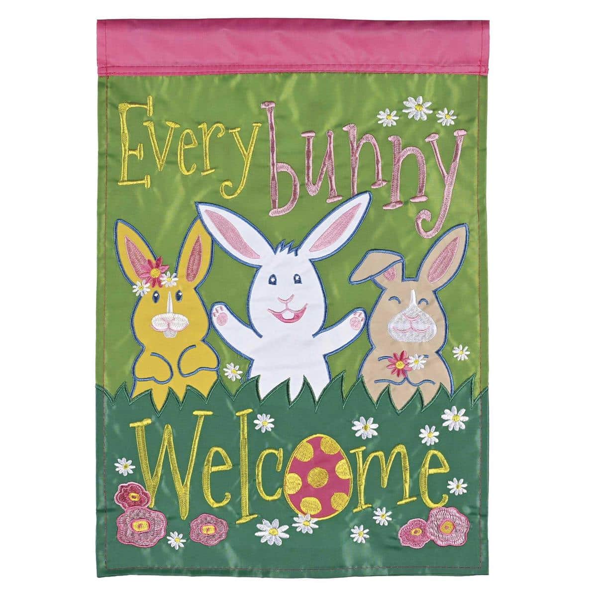 Alt text: 13x18 Welcome Everybunny double applique garden flag with cheerful Easter bunny motif and 'Welcome' message, designed for porch and yard display