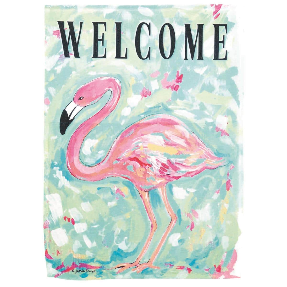 Close-up image of the Welcome Flamingo Banner Flag 30x44 showing a pink flamingo graphic and tropical foliage on durable printed polyester fabric hanging from a porch pole sleeve, with bold welcome lettering visible against a bright backdrop.