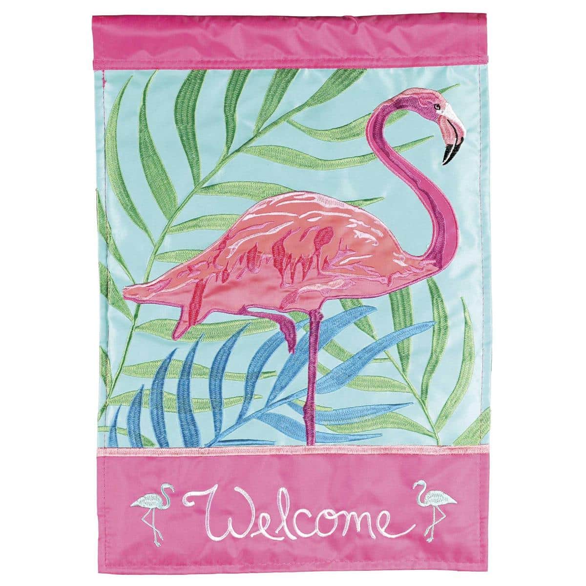 Welcome Flamingo waterfront double applique banner flag 29x42 showing a pink flamingo among tropical leaves with a clear 'Welcome' greeting on a coastal blue background.