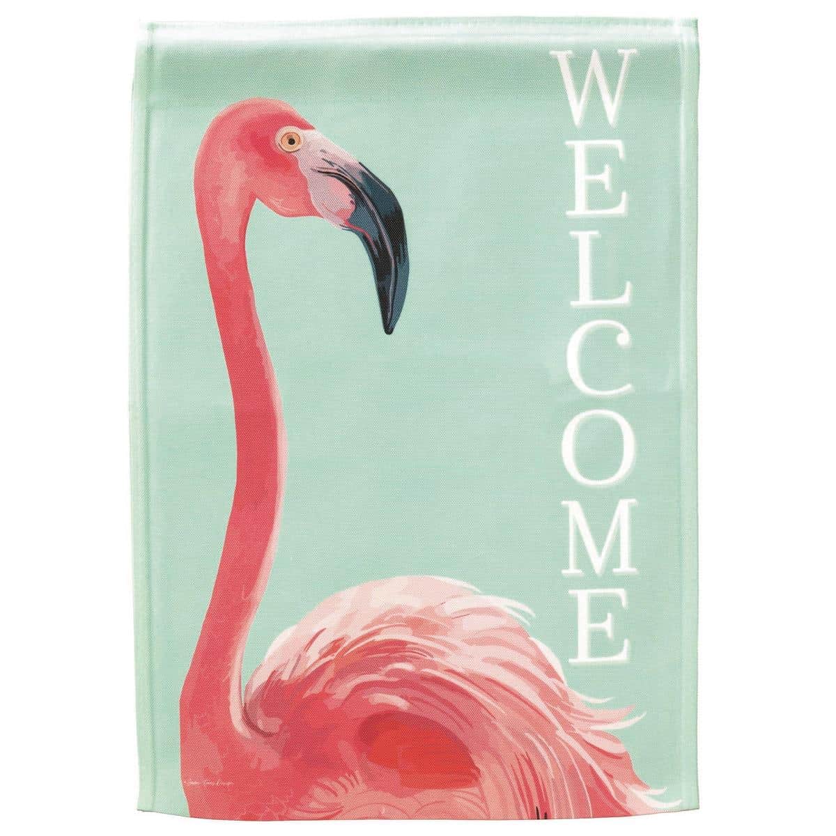Blue garden flag with a pink flamingo and 'Welcome' lettering printed on weather-resistant polyester, sized 13 by 18 inches for porch, patio, or yard display.