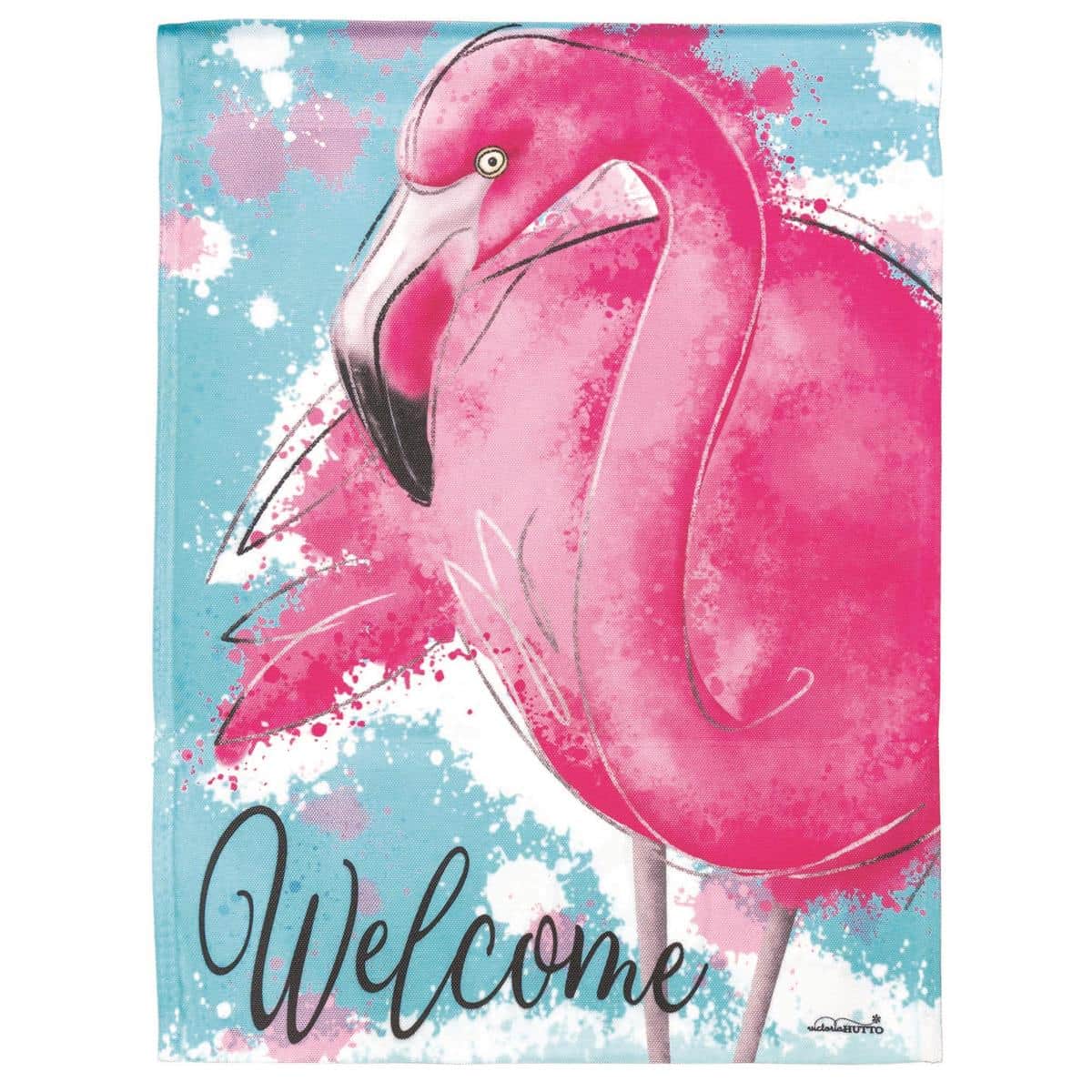 13x18 Welcome Flamingo garden flag printed with a pink flamingo, tropical leaves, and 'Welcome' text on durable polyester fabric, suitable for porch or yard display