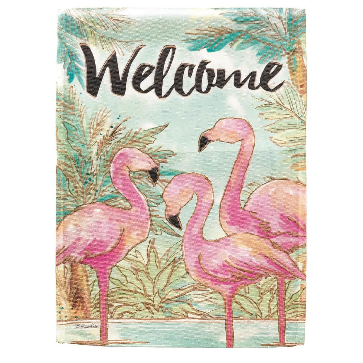 Bright Welcome Flamingos banner flag 30 by 44 inches showing two pink flamingos and tropical leaves printed on polyester for porch or garden display.