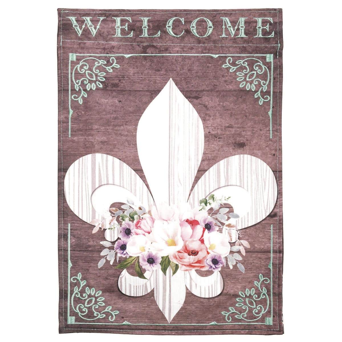 Alt text for main product image: 13x18 Welcome Fleur-De-Lis Floral garden flag with layered applique details and vivid florals, shown on a metal garden flag stand by a front porch.