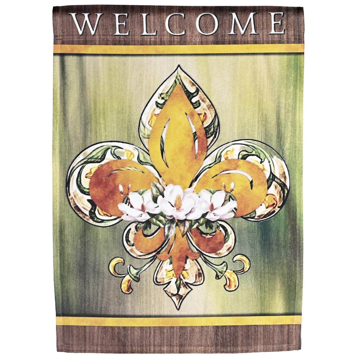 Printed 13x18 Welcome Fleur De Lis garden flag with gold fleur-de-lis emblem and bold Welcome text on a neutral background, shown on a small yard flag stand.