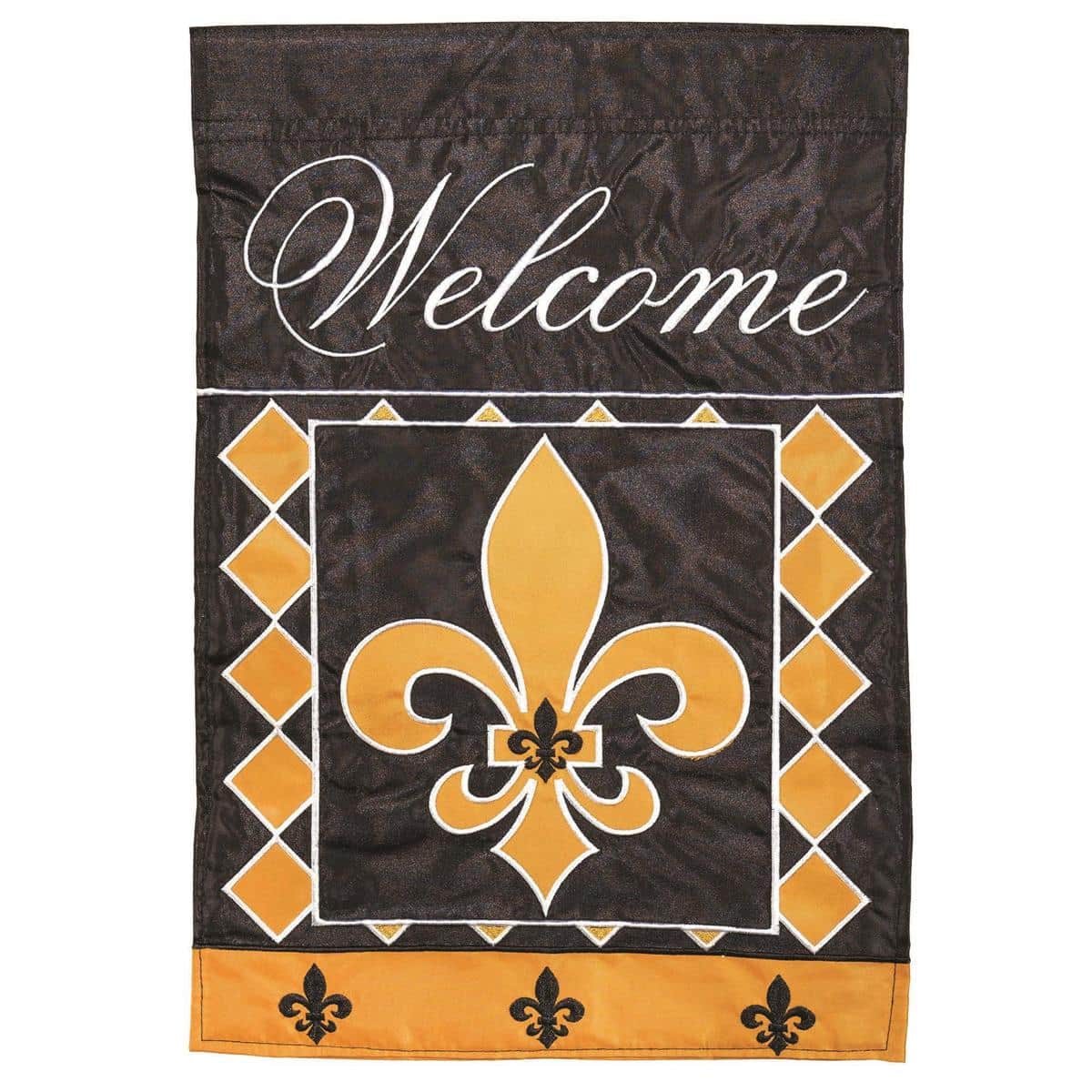 Front view of a 13x18 Welcome Fleur-De-Lis garden flag on a yard stand showing a stylized fleur-de-lis emblem above a clear Welcome script in contrasting colors.