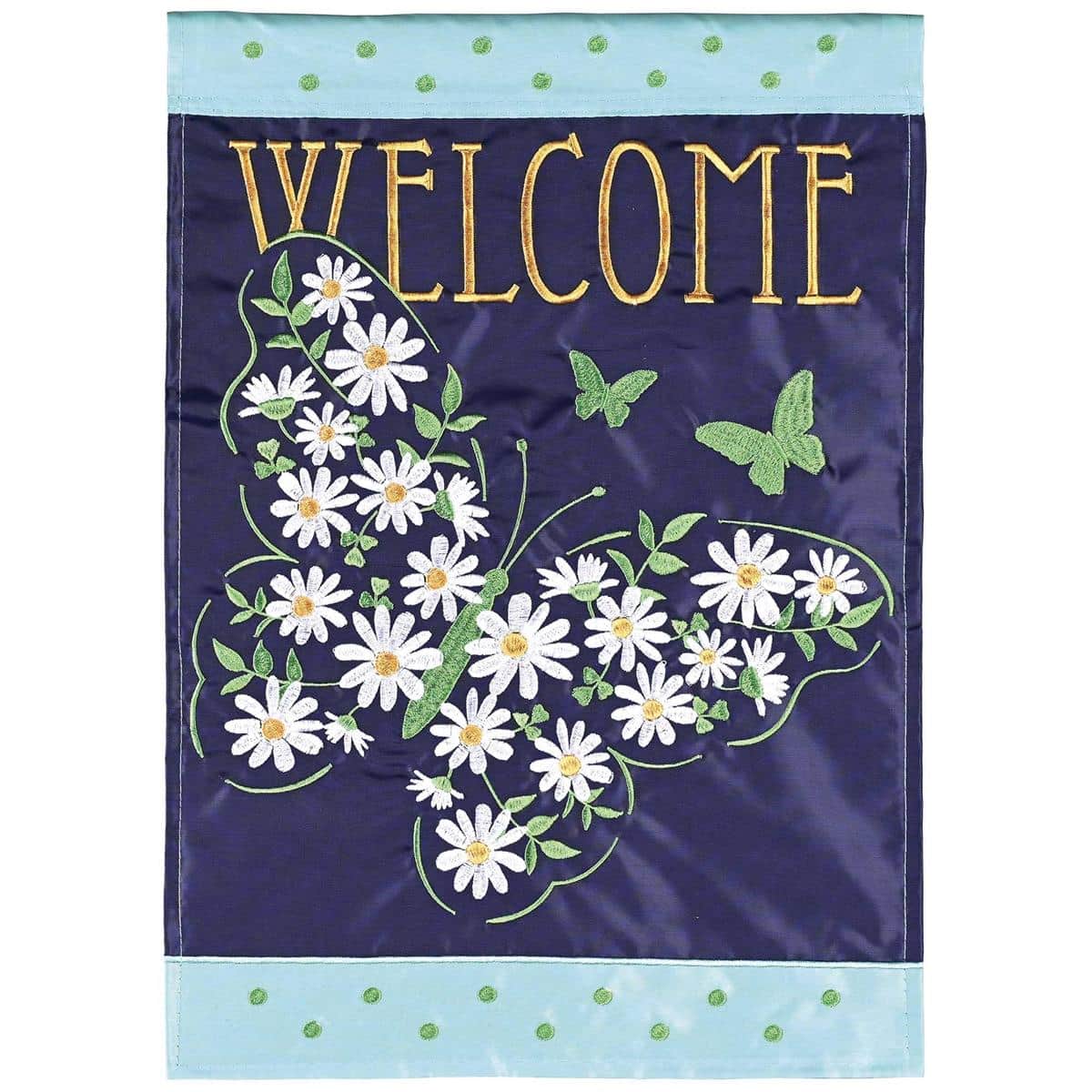 Close-up of Welcome Floral Butterfly double-applique flag showing embroidered butterflies, layered floral appliques, textured fabrics, and reinforced pole sleeve.