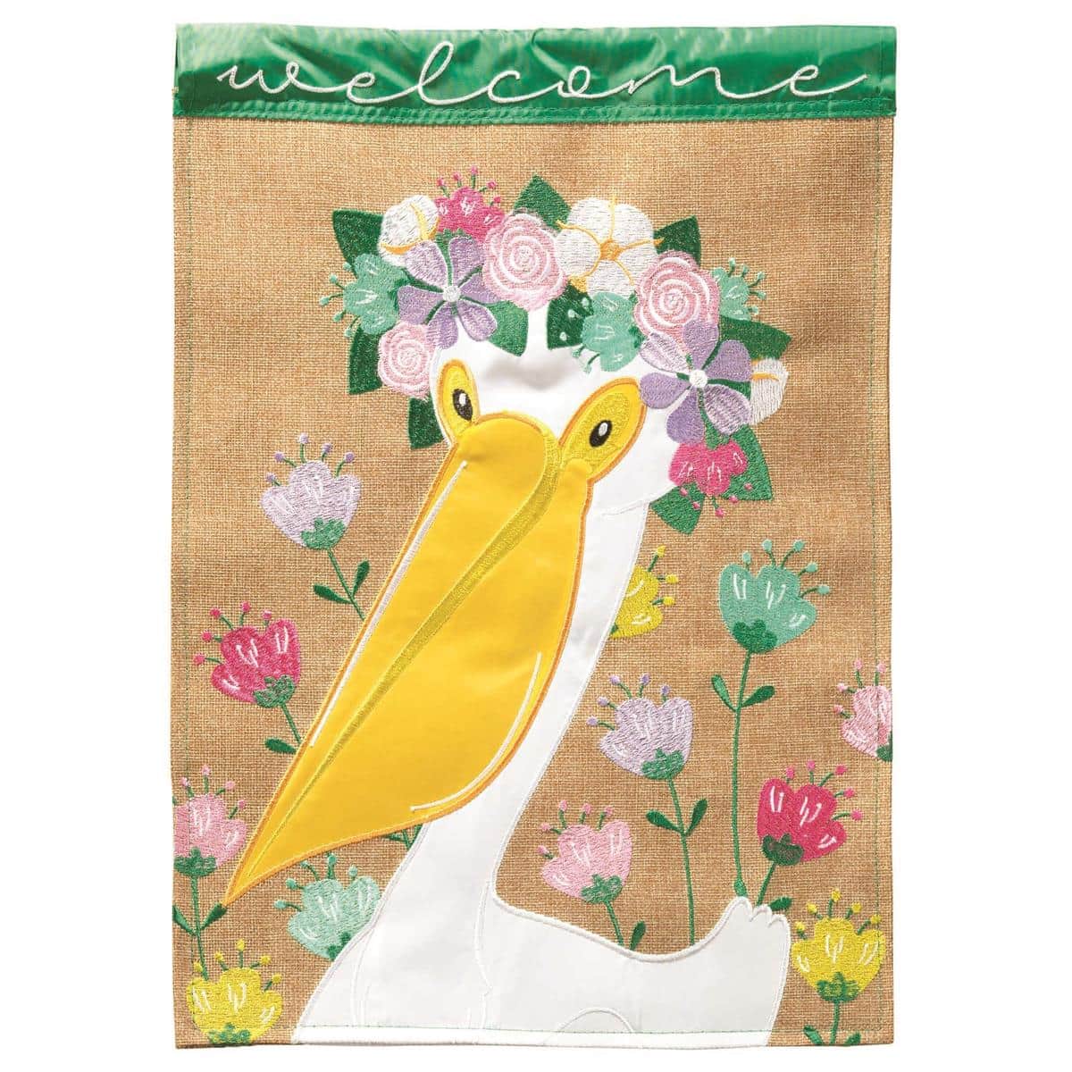 Double applique Welcome Floral Pelican garden flag, 13 x 18 inches, coastal bird with blossoms, reads correct on both sides, spring outdoor decor.