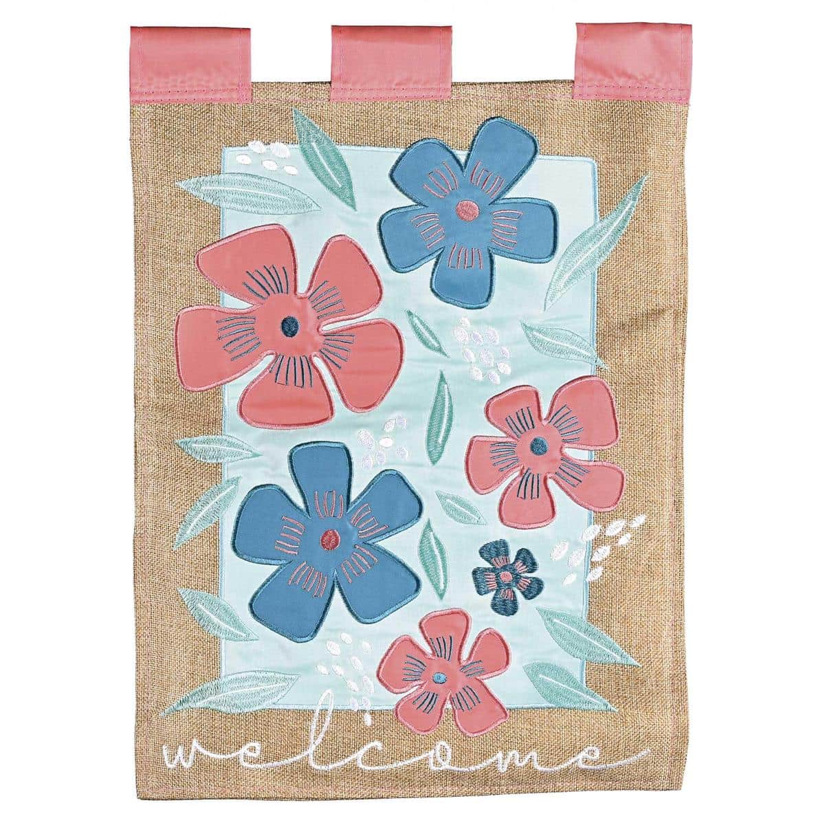 Close-up of Welcome Flowers Garden Flag 13x18 showing embroidered floral details, double applique layers, reinforced header sleeve, and vibrant outdoor colors on both sides.