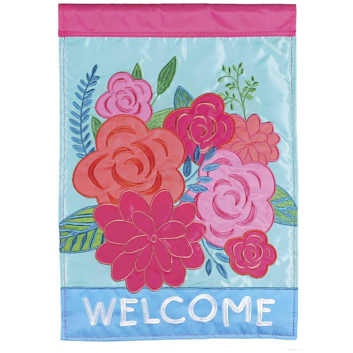 Double-applique Welcome Flowers garden flag, 13x18 inches, colorful floral art with readable welcome on both sides, shown on a standard outdoor yard flag stand.