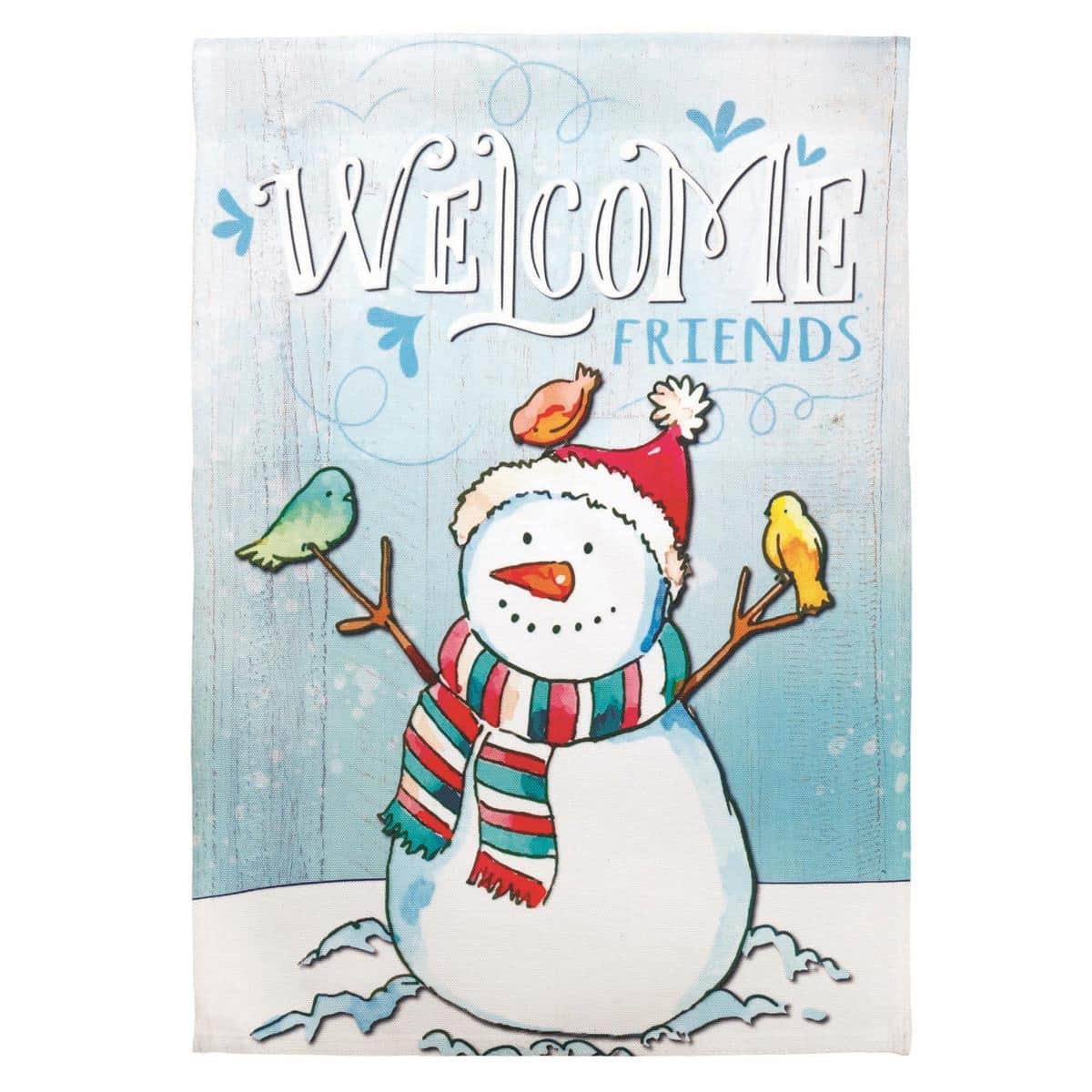 Front porch image of the Welcome Friends Snowman 30x44 printed Christmas banner flag showing a smiling snowman with red scarf, holly accents, snowflake pattern, and 'Welcome Friends' greeting designed for outdoor display