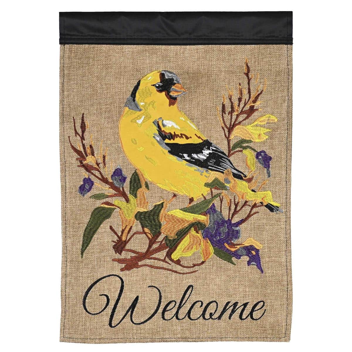 Welcome Goldfinch double applique garden flag showing a stitched yellow goldfinch perched on a branch with floral accents, 13x18 size.