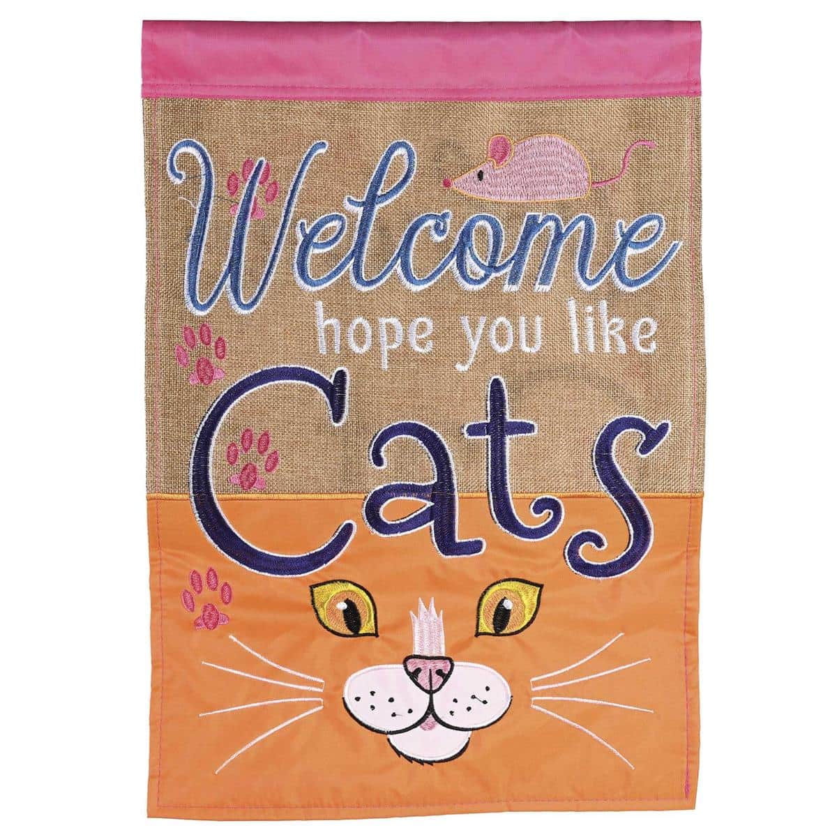 13x18 double applique garden flag with playful cat silhouettes and the friendly 'Hope You Like Cats' welcome message, shown mounted on a black metal garden flag stake in a planter near a front porch