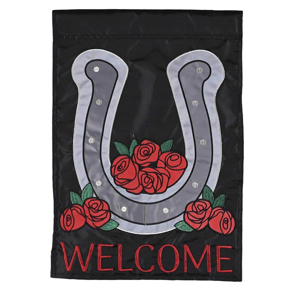 Main product image showing a 13x18 Welcome Horseshoe Garden Flag in Derby style with layered double applique horseshoe motif and embroidered 'Welcome' text, displayed on a standard garden flag pole beside a rustic porch with planter accents.
