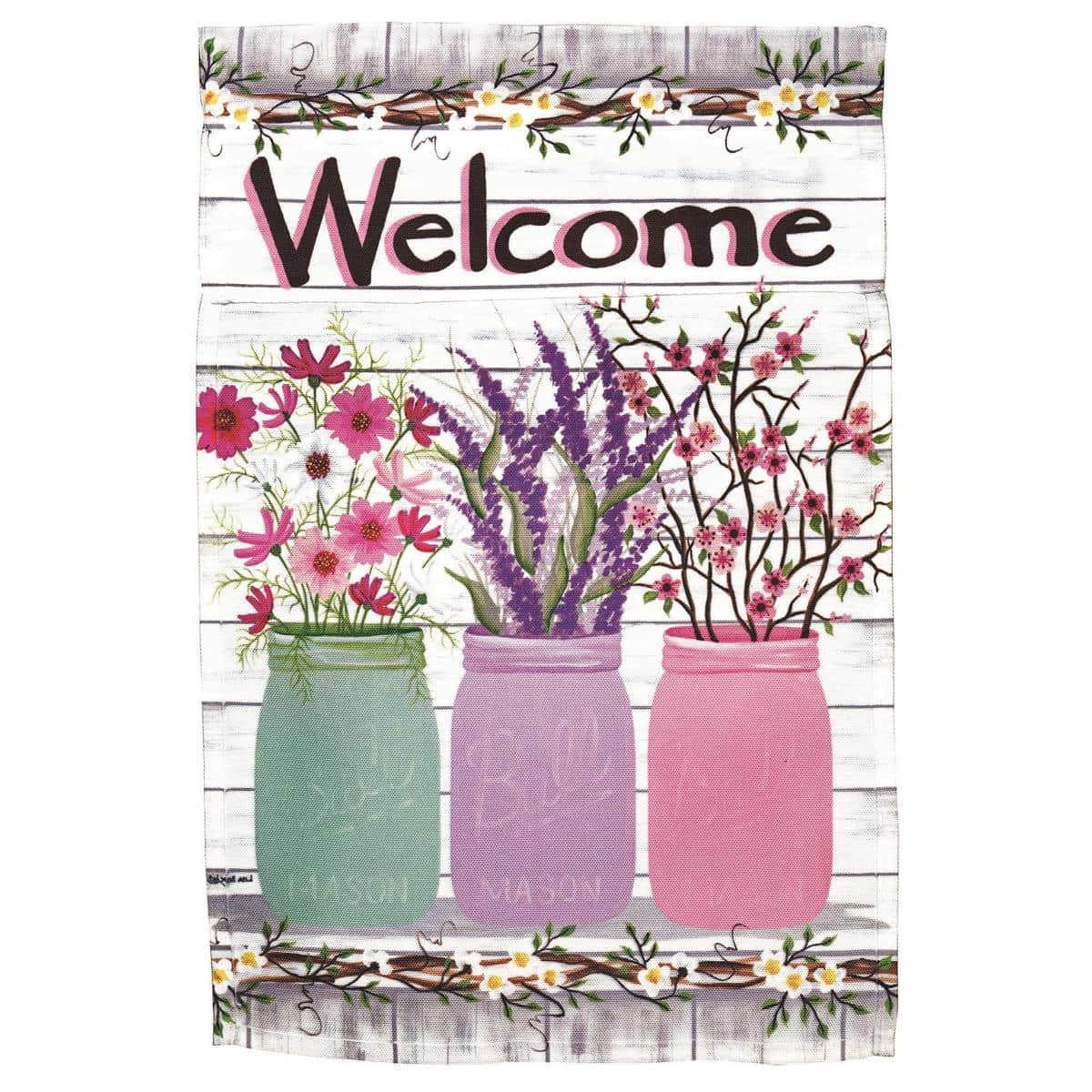 Alt text: 30x44 Welcome Jars Of Flowers printed banner flag showing glass jars filled with assorted blooms and greenery hung on a porch to greet visitors.