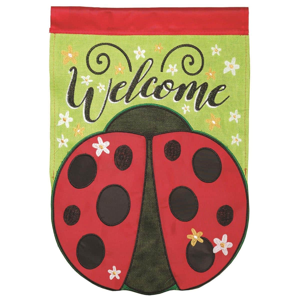 Close-up of a Welcome Ladybug Shaped Burlap Garden Flag 13x18 showing a red and black ladybug silhouette with layered appliqued flowers, visible double applique stitching, textured burlap fabric, reinforced pole sleeve, and neat hemmed edges ready for display on a garden stake or porch flag holder
