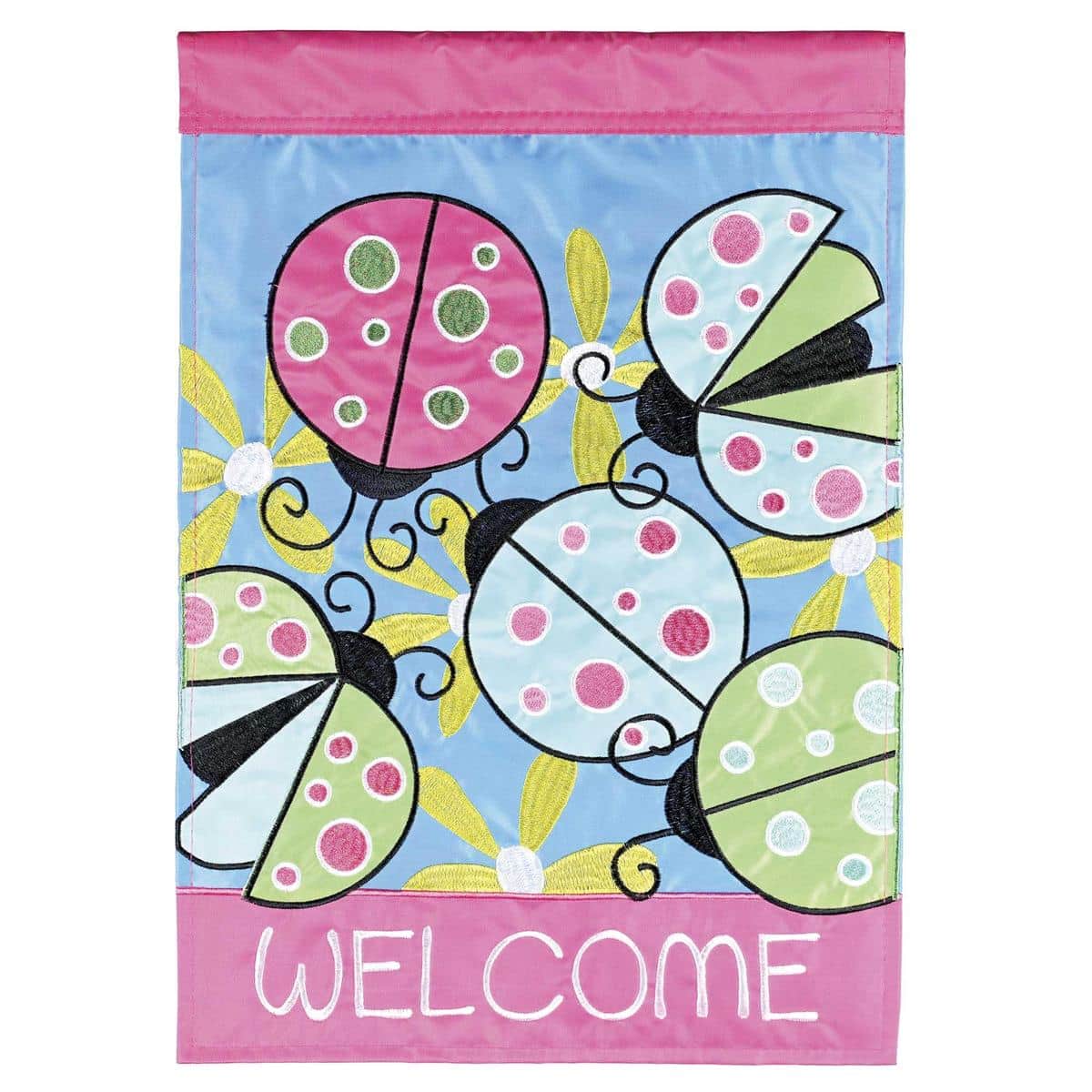 Close-up of Welcome Ladybugs Garden Flag with red ladybugs and blooming flowers, double-applique texture, 13x18 hanging on a black garden pole.