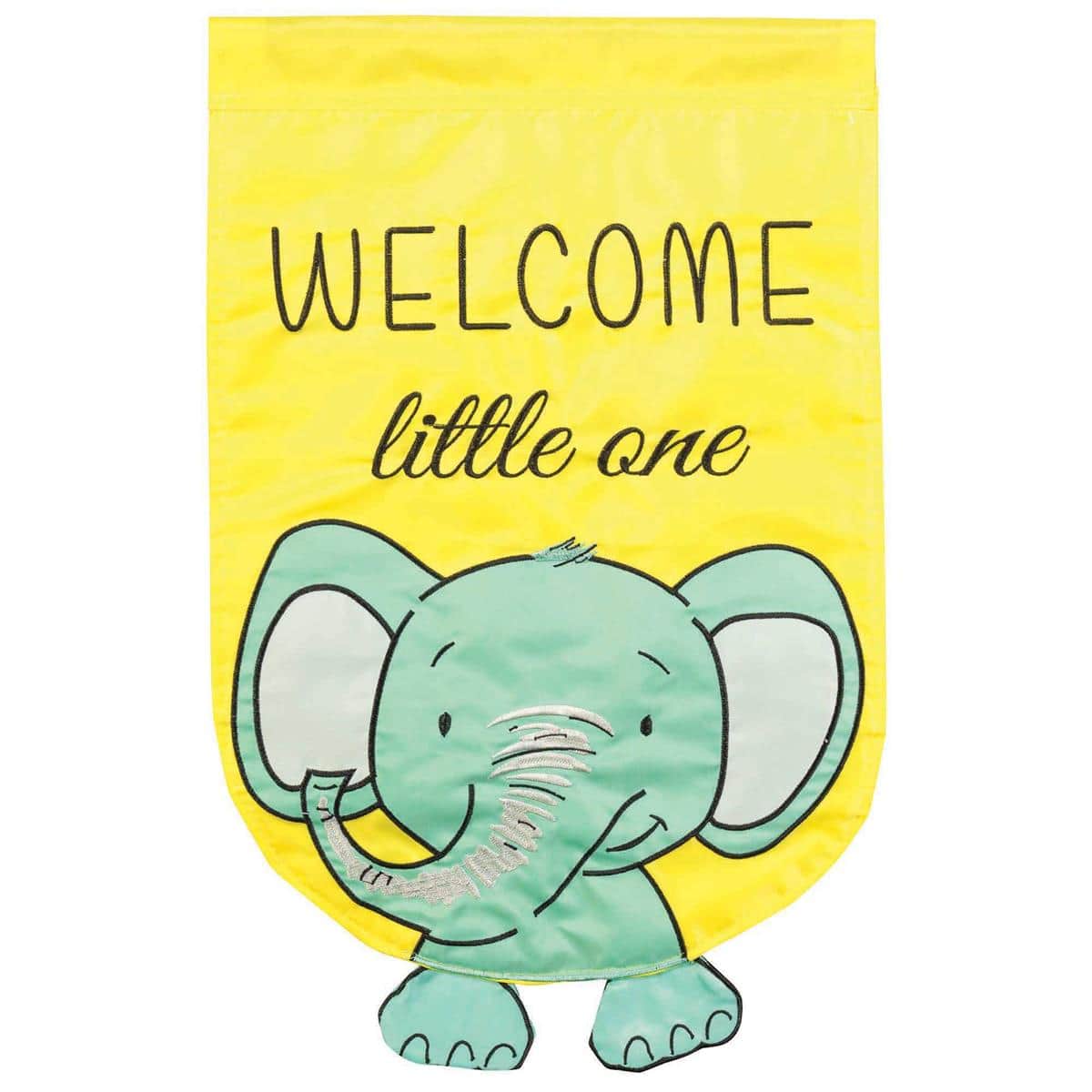 Closeup of Welcome Little One burlap garden flag, 13 x 18 double applique baby announcement decor with layered lettering on natural burlap, displayed outdoors.