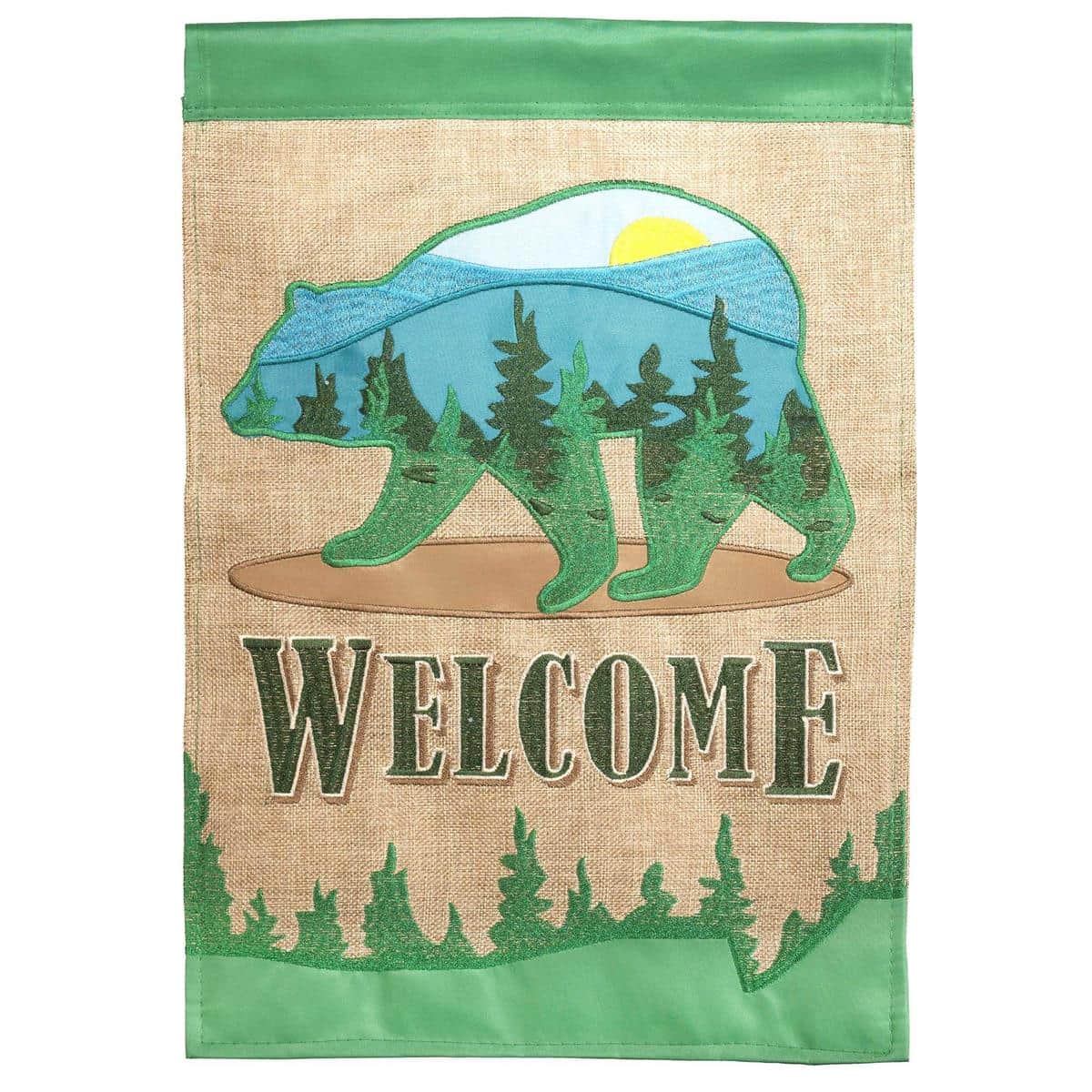 13x18 Welcome Mountain Bear burlap garden flag showing a stitched bear silhouette, layered mountain scene, and 'Welcome' applique in rustic camping style for porch or cabin display.