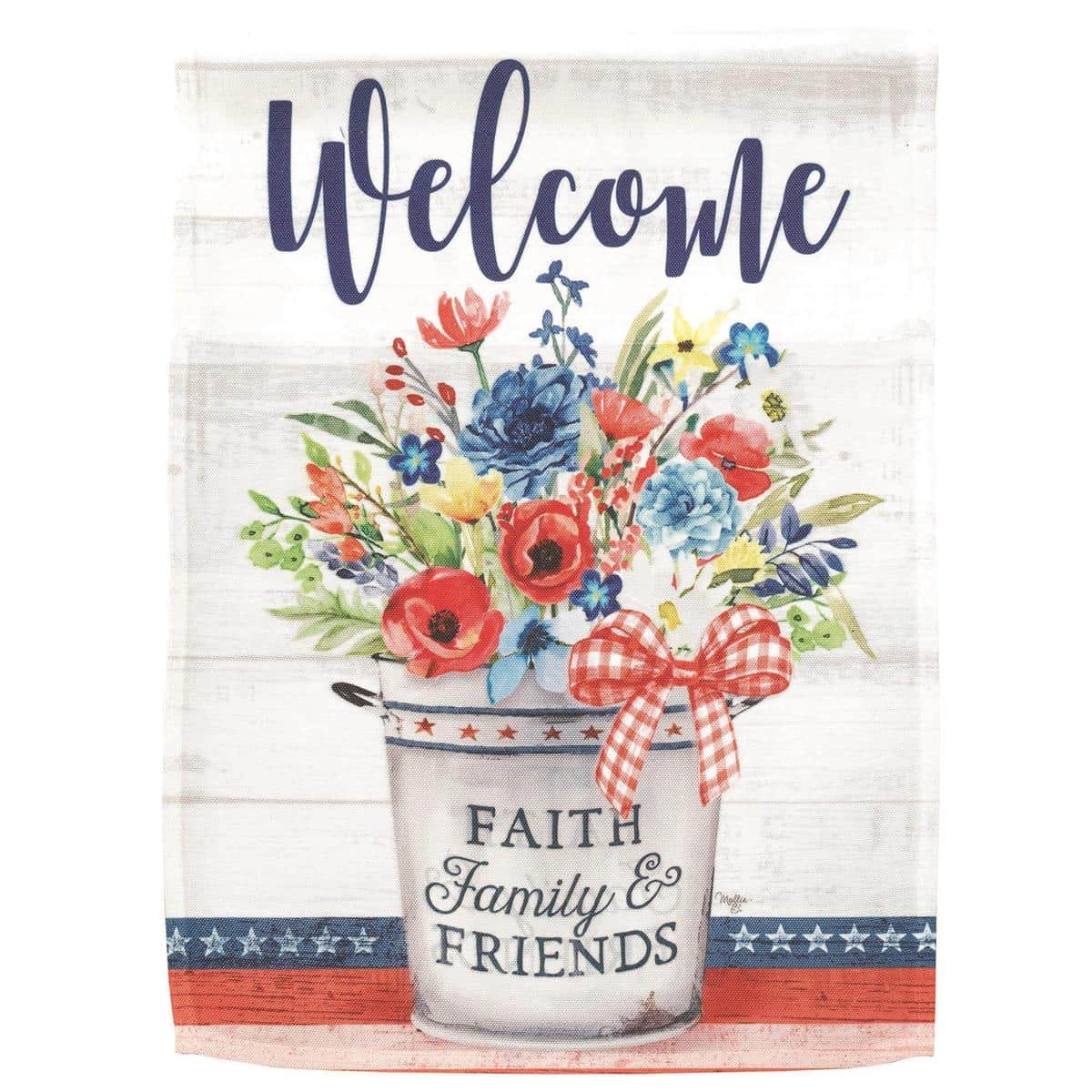 13x18 Welcome Patriotic Flower Jar garden flag showing a printed mason jar of red white and blue flowers with stars and stripes accents, suitable for lawn stake or planter display.