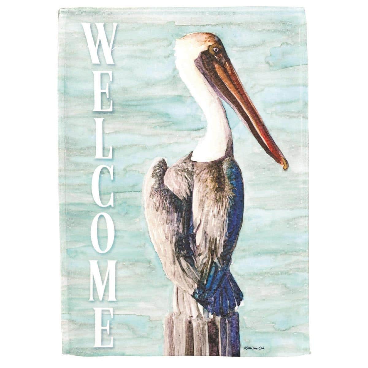 Beach style Welcome Pelican garden flag 13x18 with a printed pelican, shells and subtle wave accents on fade-resistant polyester, ideal for porch, patio, planter or small yard displays.