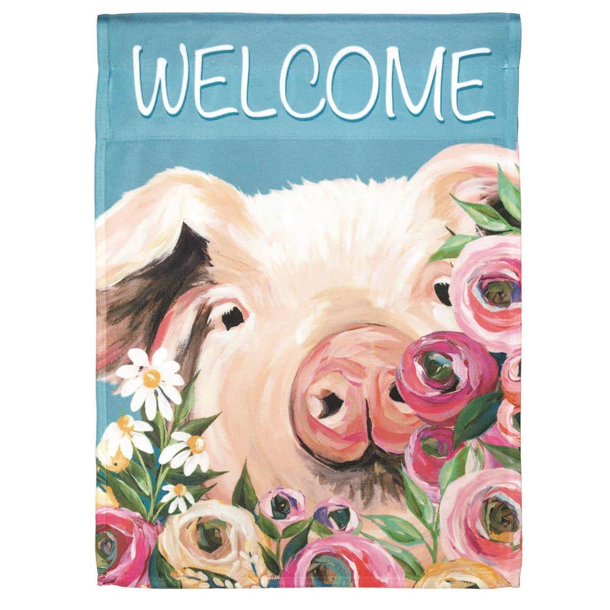 13x18 printed Welcome Pig Floral garden flag showing a cheerful pig among pink and yellow flowers, ideal for porch, flower bed, or small yard display.