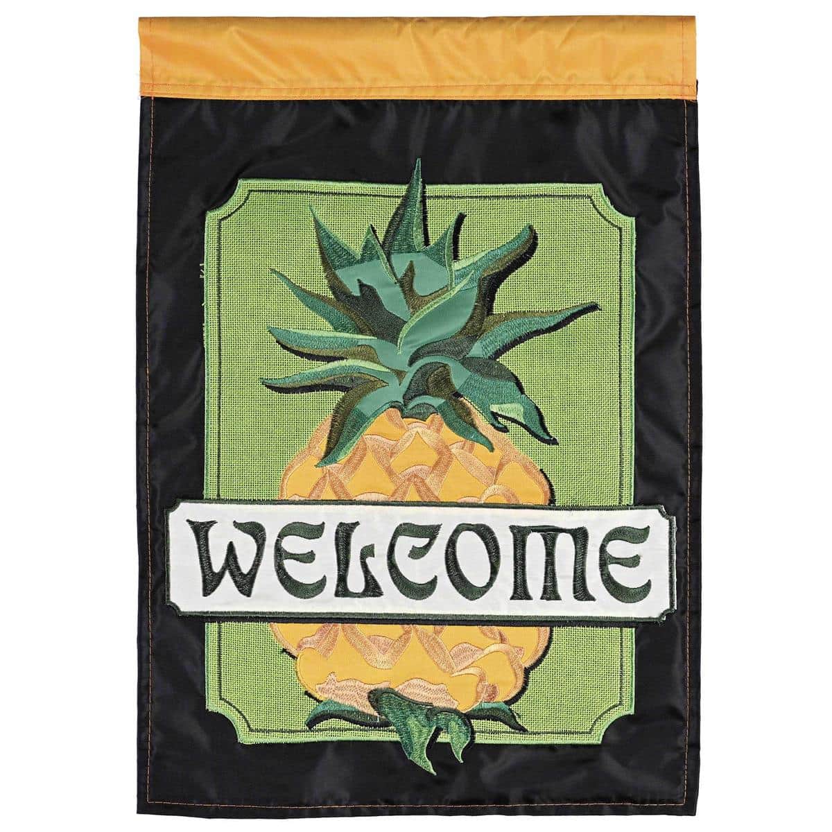 13x18 Welcome Pineapple garden flag with double applique pineapple motif hanging from a black metal garden stake on a sunny porch setting.