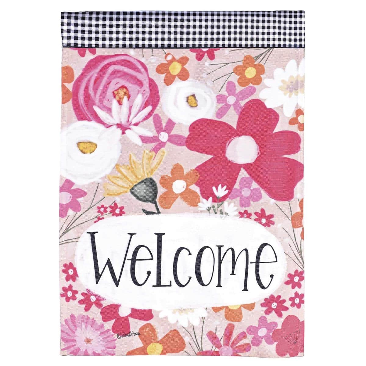 Alt text for main product image describing the product visually and uniquely: 13x18 Welcome Pink Flowers garden flag with printed pink blossoms and 'Welcome' text on durable outdoor fabric displayed on a garden stand among greenery.