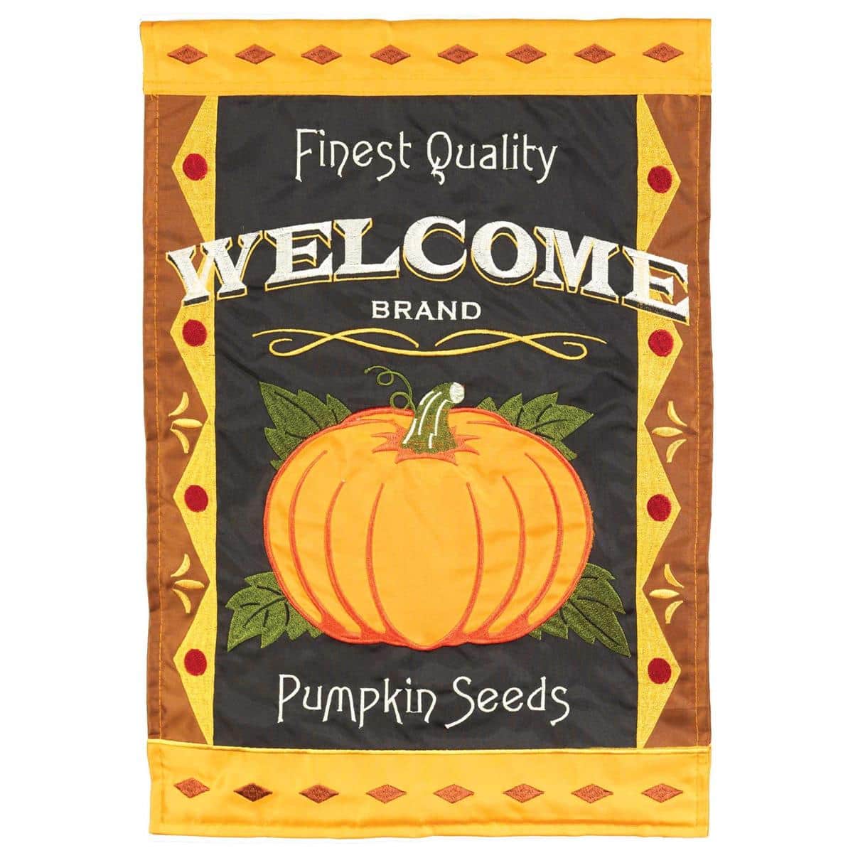 13x18 Welcome Pumpkin garden flag double applique with bright pumpkins, leaves and warm autumn colors displayed on a porch pole for seasonal fall decoration.