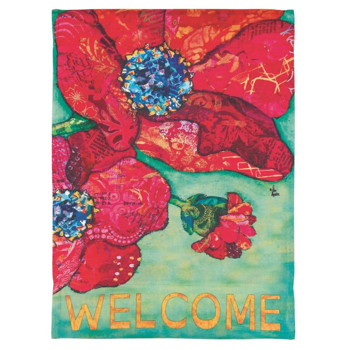 30x44 Welcome Red Poppy banner flag on a black yard stand showing bold red poppy blooms framing an elegant 'Welcome' message against a clean background for front porch display