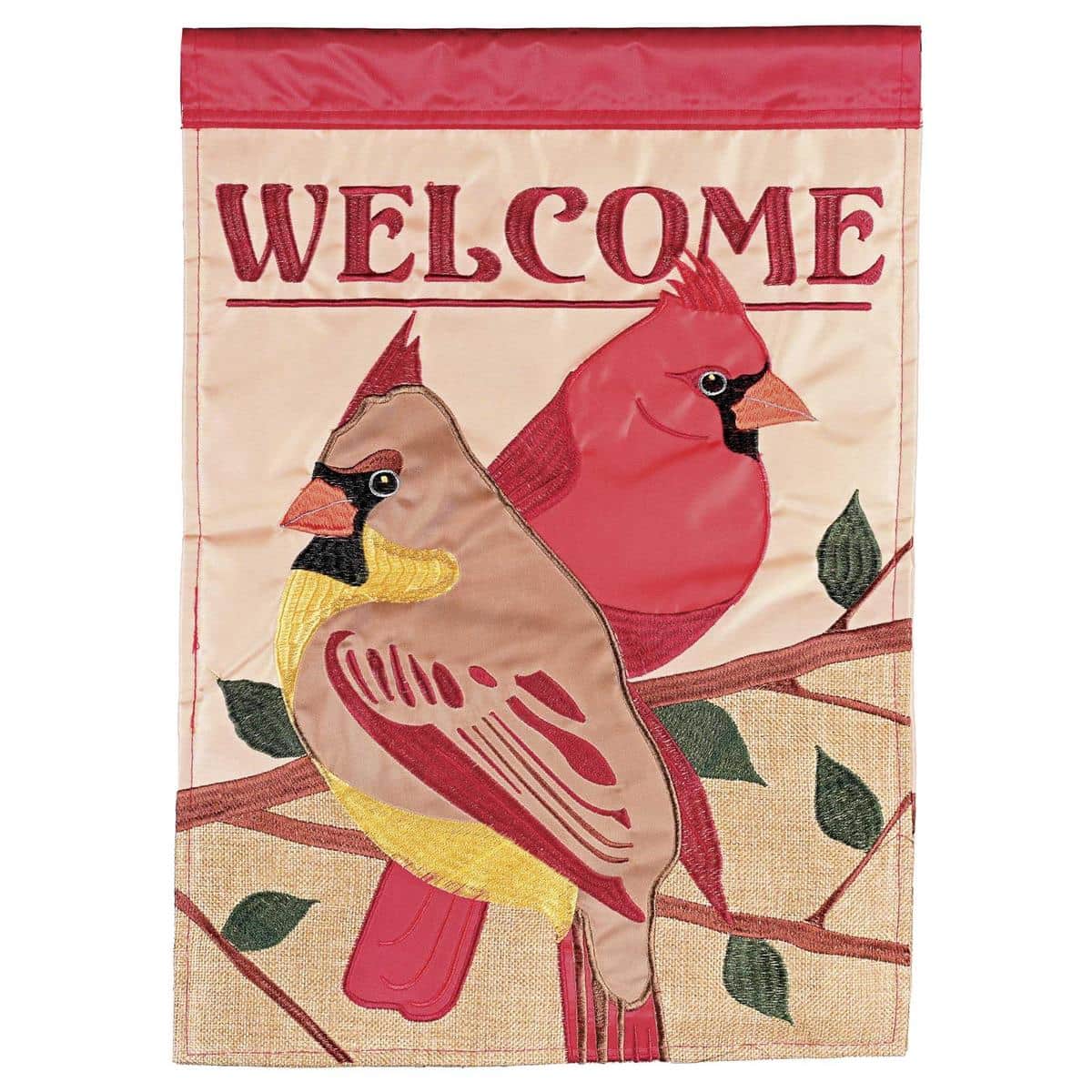 13x18 Welcome Redbirds garden flag with double applique redbirds on floral branches, layered fabrics and stitched edges, shown on a garden pole near potted flowers.