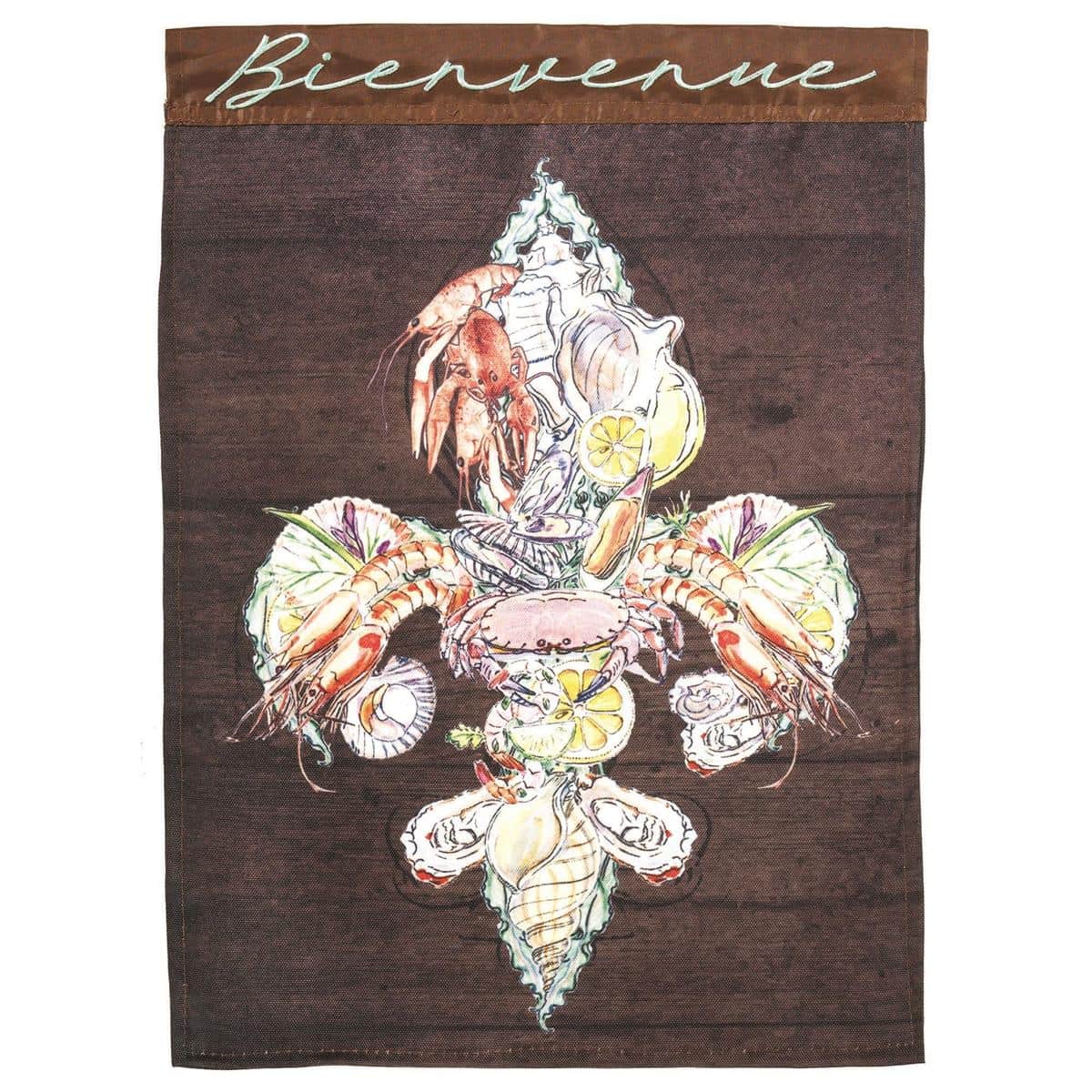 13x18 Welcome Seafood Fleur-De-Lis garden flag featuring double-applique seafood motifs with shrimp, crab, and fleur-de-lis accents on textured, vibrant outdoor fabric