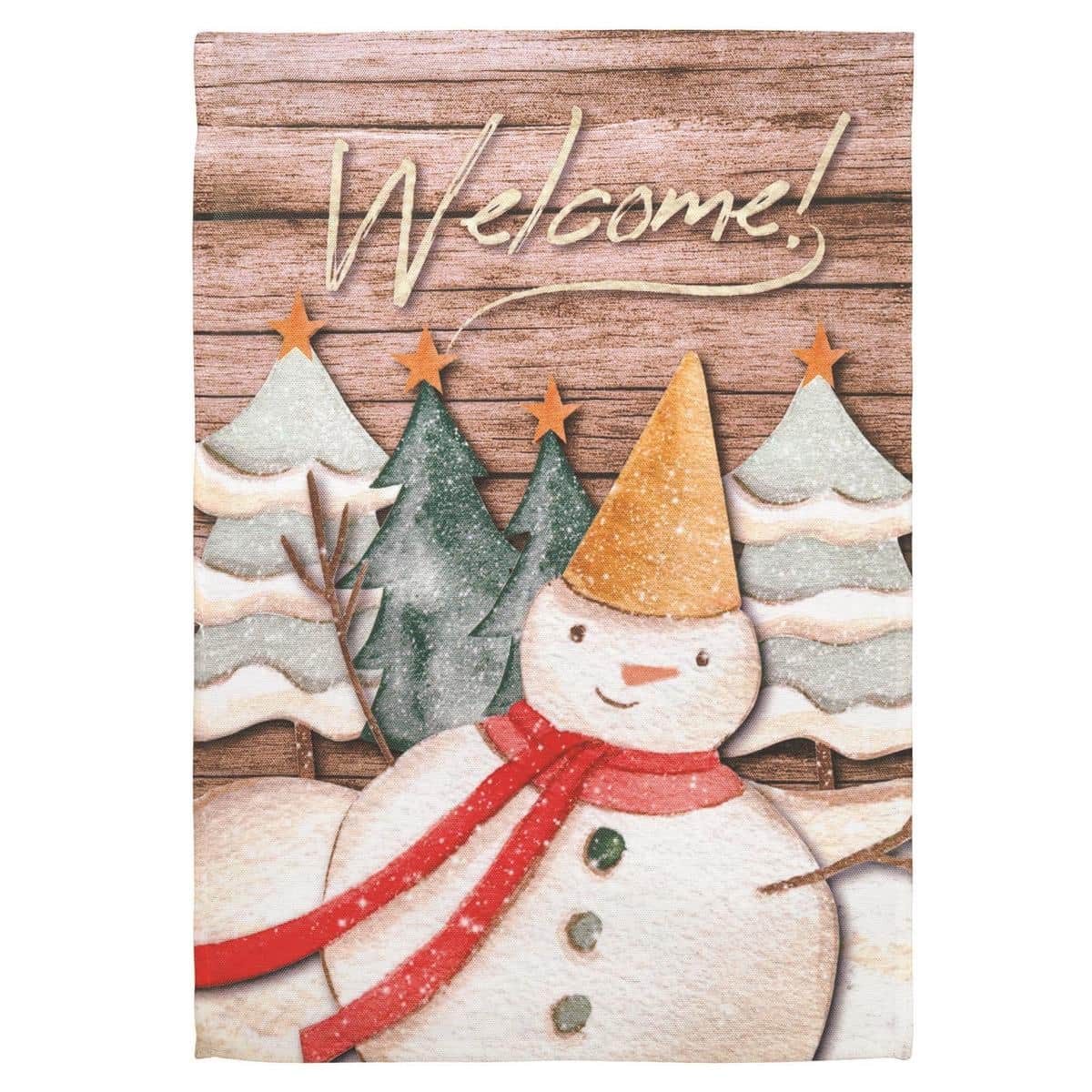 13x18 Welcome Snowman printed garden flag hanging on a metal yard pole beside a frosted planter on a front porch