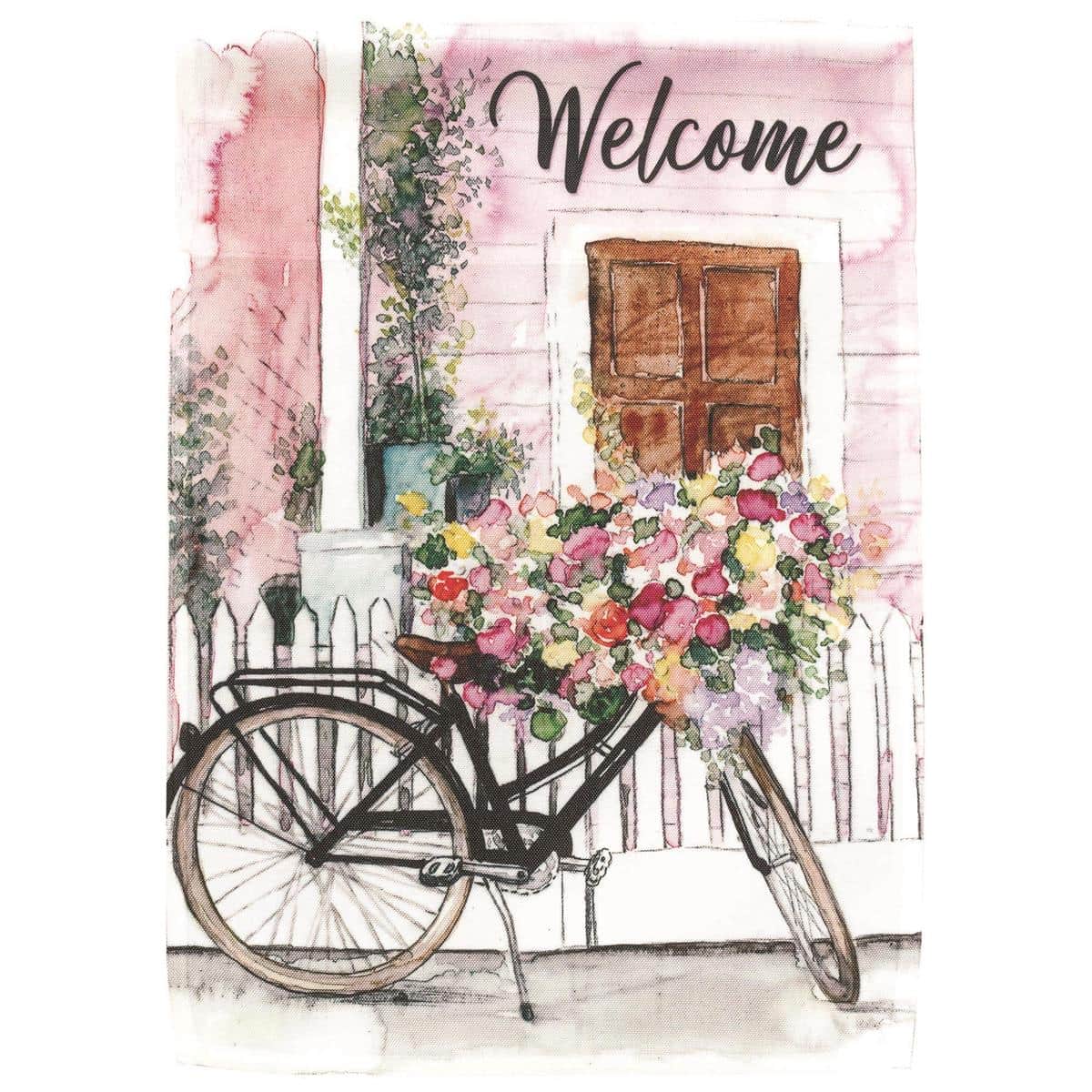 Welcome Spring Bike Ride 13x18 printed garden flag with colorful bicycle motif and 'Welcome' greeting, shown mounted on a small yard pole beside spring flowers and potted plants