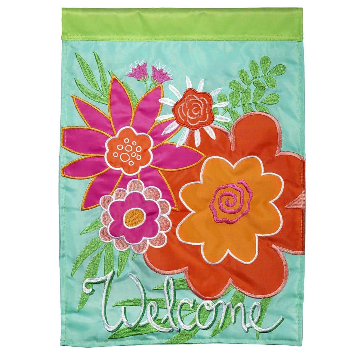 13x18 Welcome Summer Floral Garden Flag showing layered double applique summer flowers and a clear Welcome message on a small garden flag displayed on a yard flagpole.