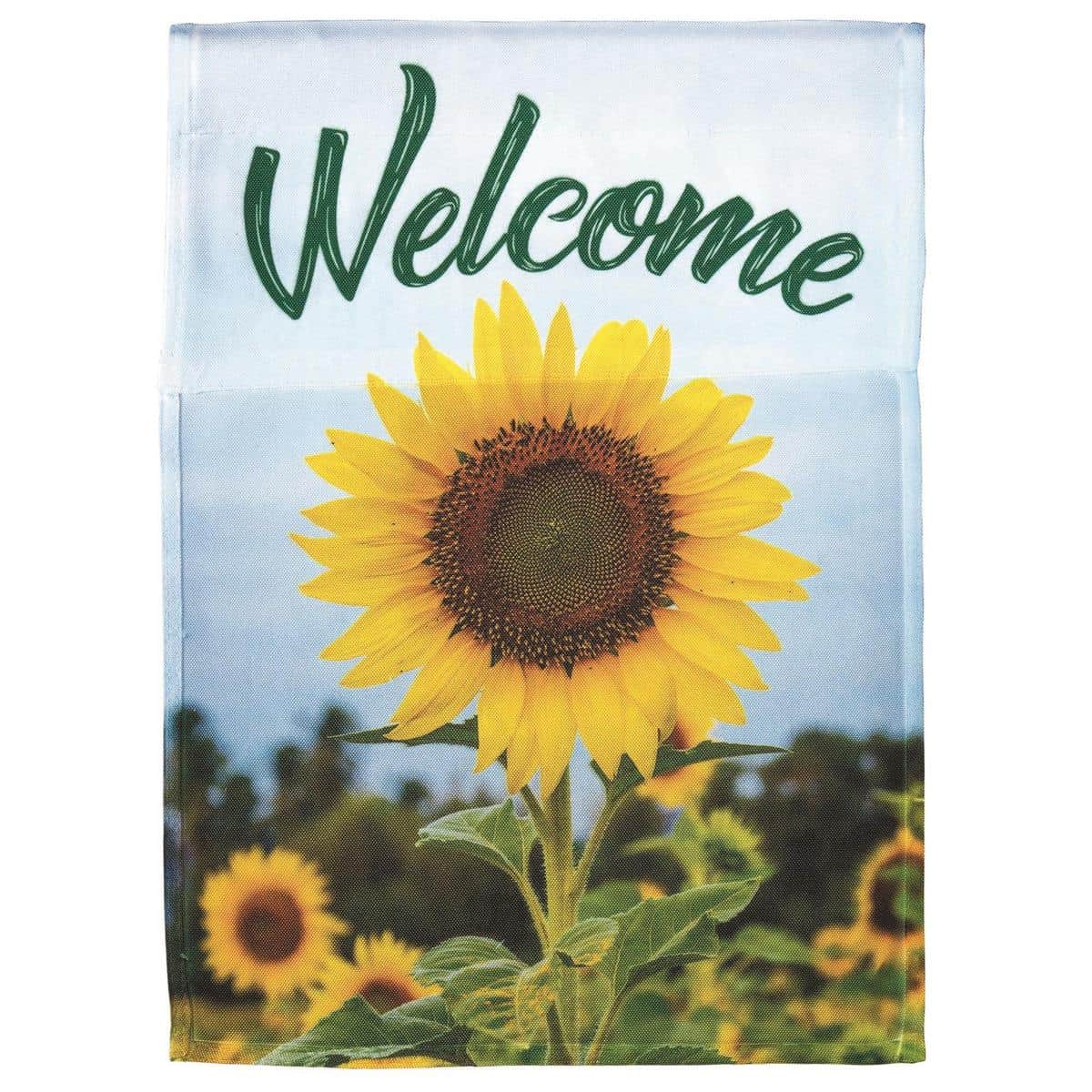 13x18 printed Welcome Sunflower garden flag showing bright yellow sunflowers and green leaves surrounding the word Welcome, displayed on a black garden flag pole near a porch step.