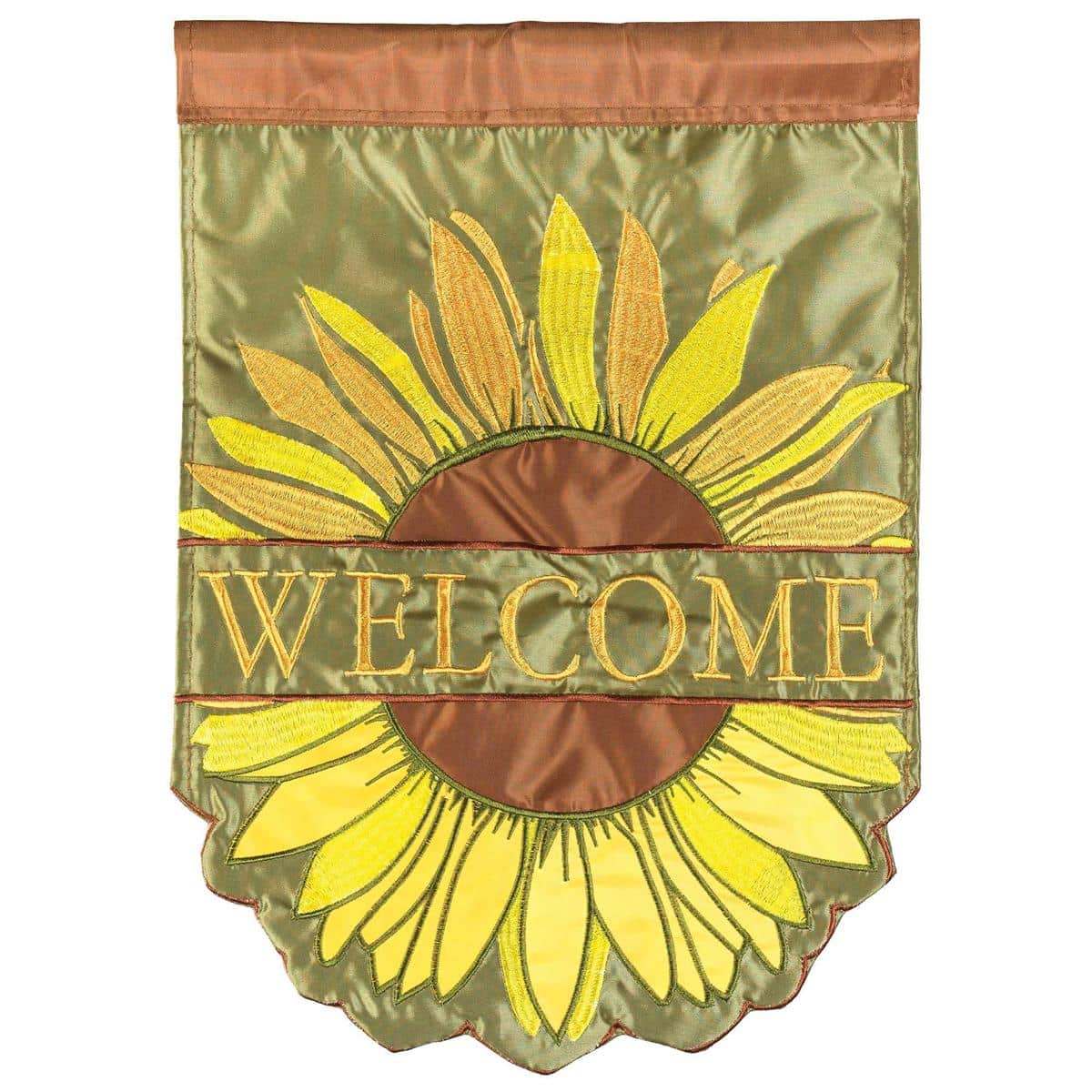 Bright welcome sunflower shaped 13x18 garden flag with double applique sunflowers and fall motifs, textured fabrics and rich autumn colors displayed on a garden stake next to a porch.