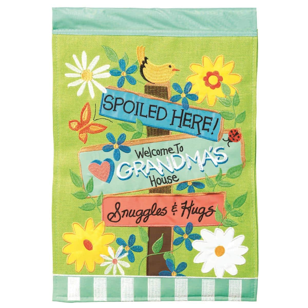 29x42 Welcome To Grandma's House double applique banner flag with warm script, heart motif, and cozy country accents displayed on a porch pole.