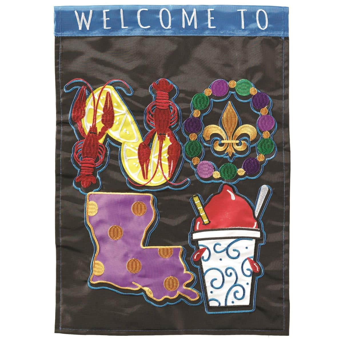 Welcome To NOLA 29 x 42 double applique banner flag on a porch, two-sided Welcome message, reinforced pole sleeve, stitched edges, outdoor-ready design
