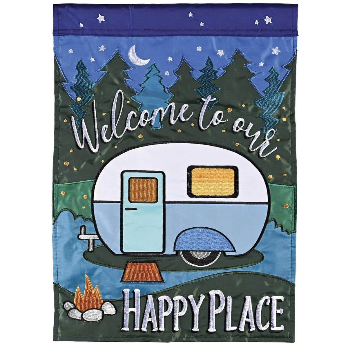 Double applique 'Welcome To Our Happy Place' camping flag with tent, campfire, and pine tree artwork, layered fabric textures, vivid colors, and reinforced header ready for porch, yard, or campsite display.