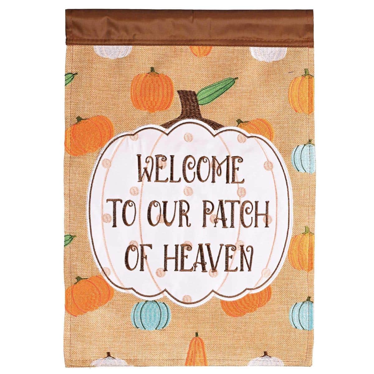 Welcome To Our Patch Of Garden Flag 13x18 double applique design featuring pumpkins, fall foliage, and a warm Welcome message for garden pole display.